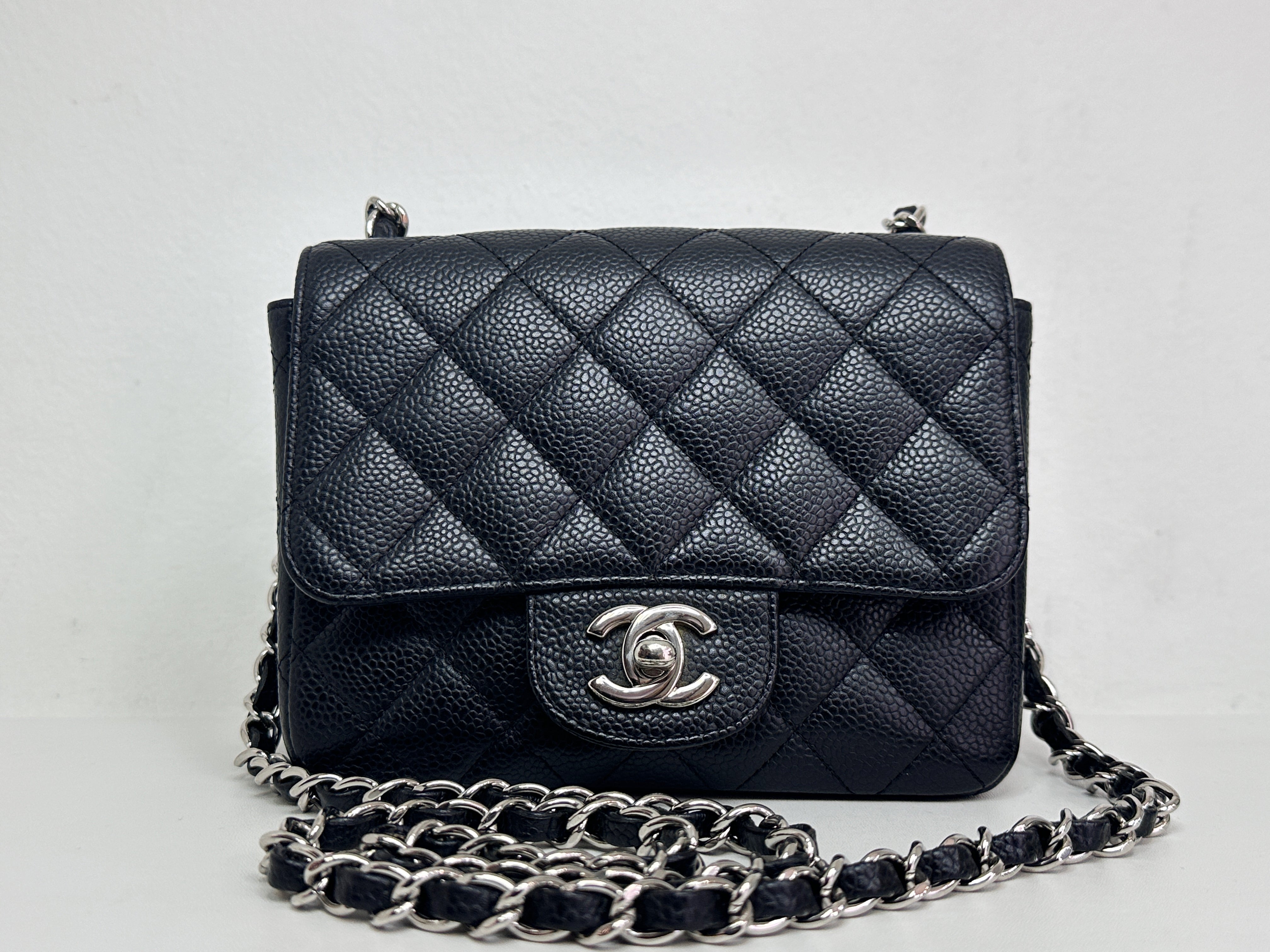 Chanel Mini Square Classic Quilted Caviar Single Flap Bag Black SHW 1184 holo card