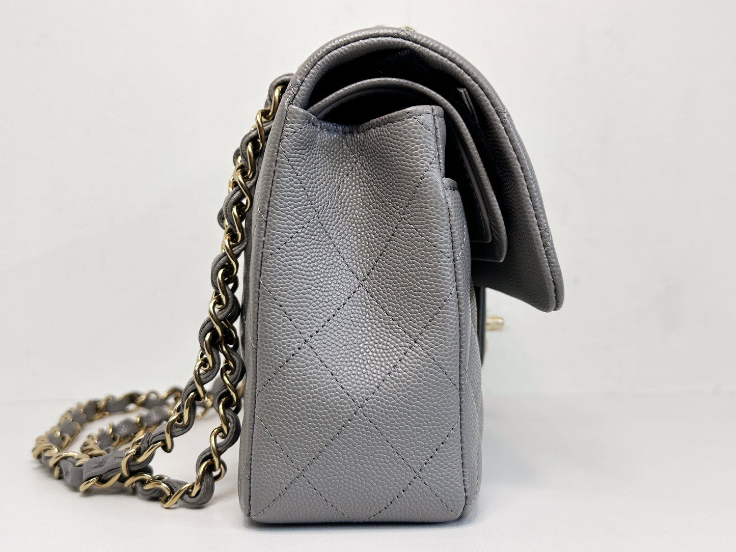 Chanel Small Caviar Quilted Double Flap Bag Grey LGHW EK81 microchip