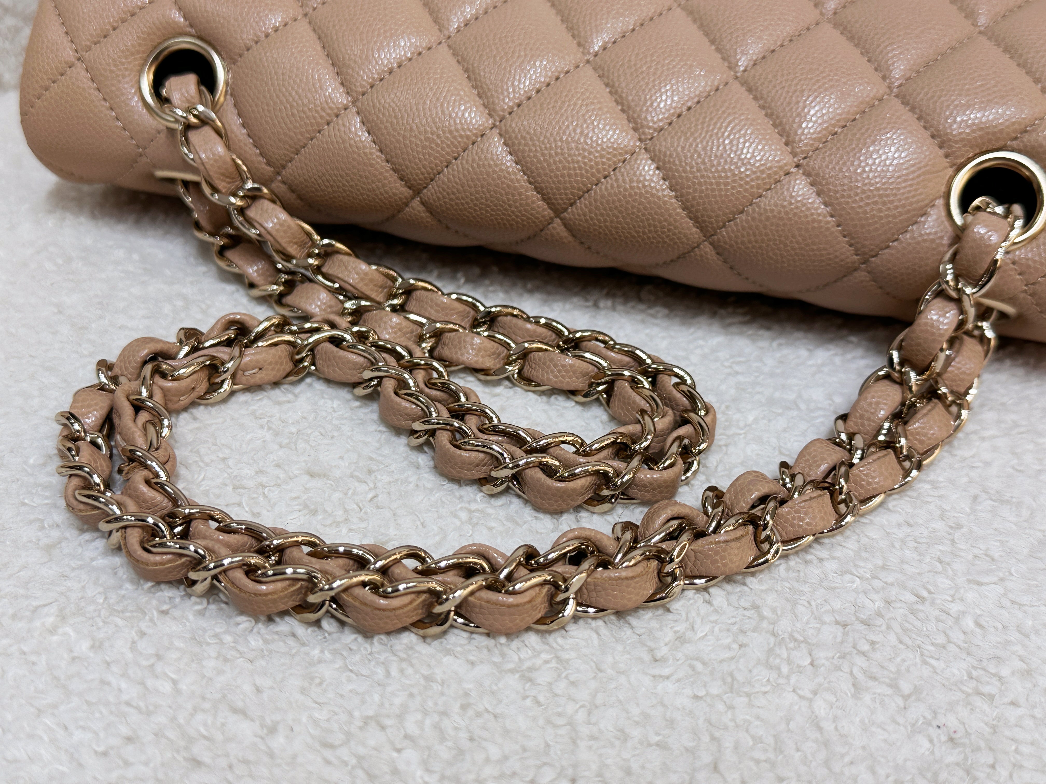 Chanel 19B Dark Beige Caviar Classic Quilted Classic Flap Medium LGHW