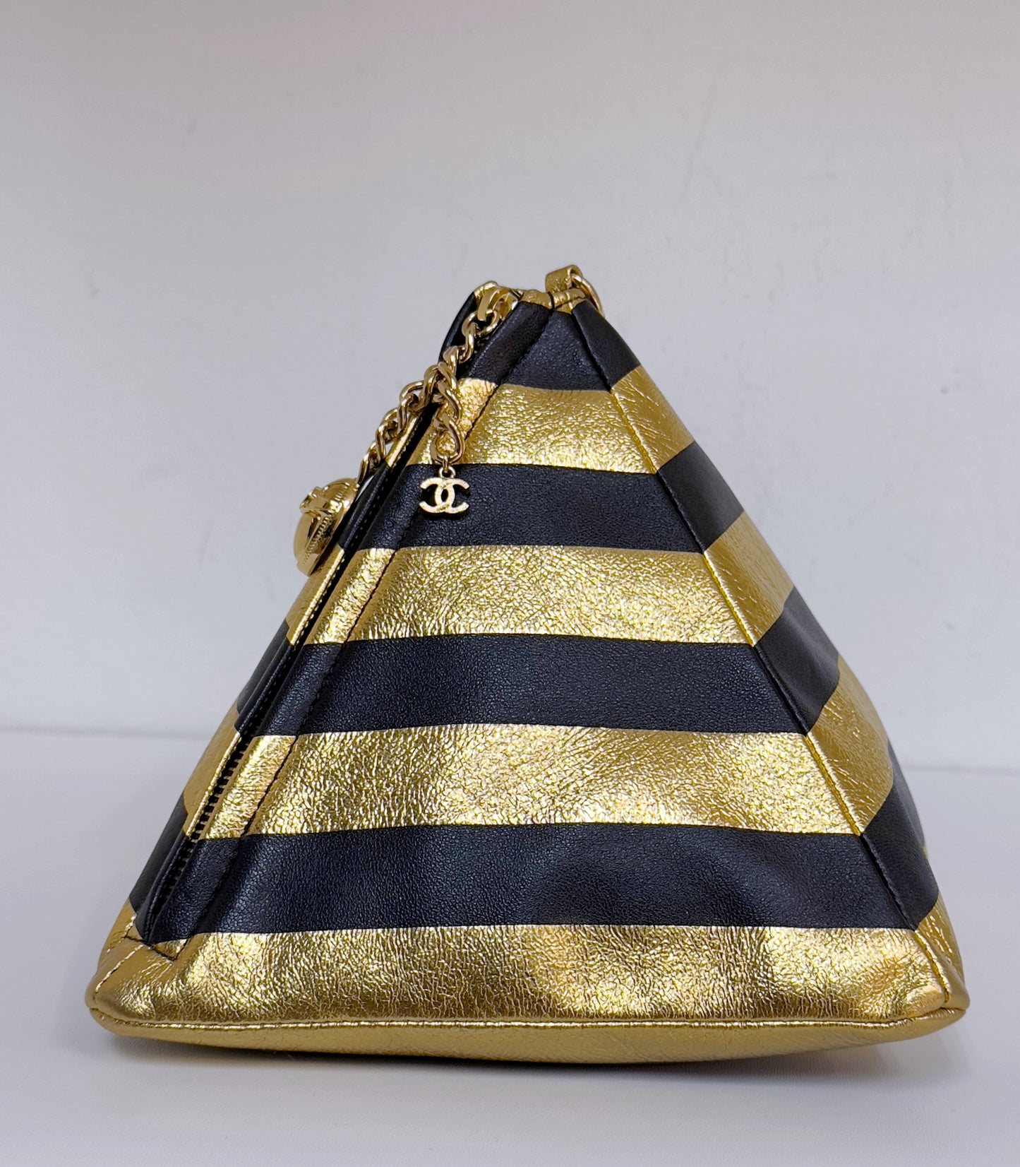 Chanel Metallic Lambskin CC Kheops Pyramid Bag Gold Black 2819 holo card