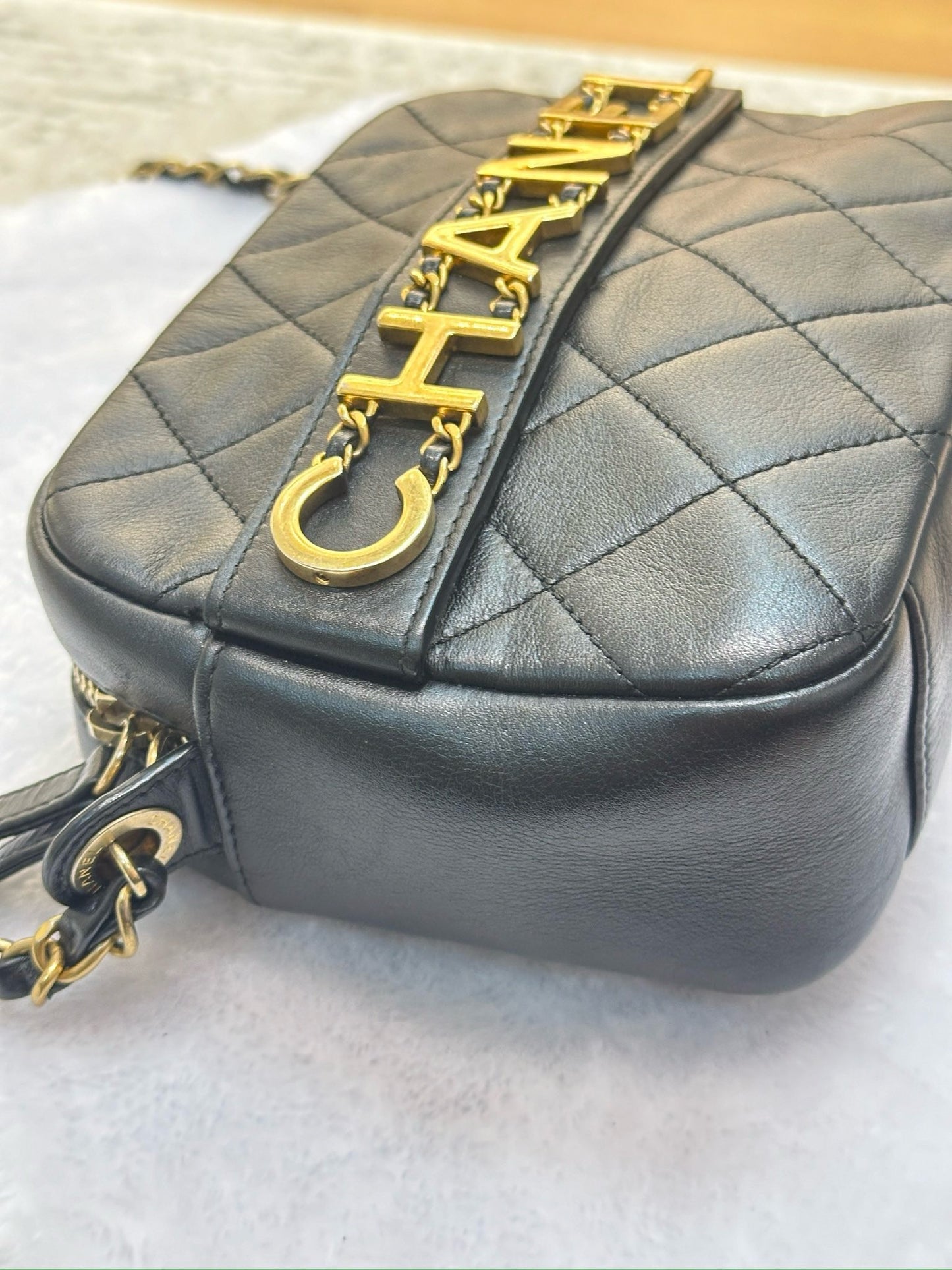 Chanel Calfskin Quilted Enchained Camera Case Bag Black