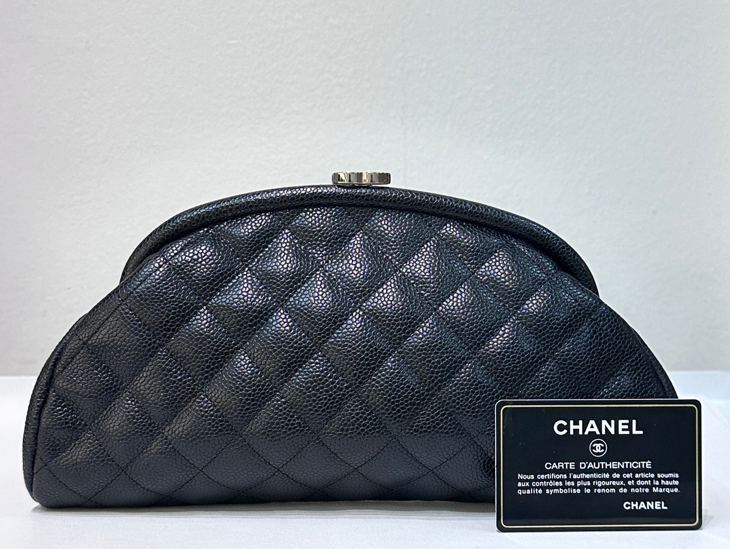 Chanel Quilted Timeless Kisslock Clutch Black Caviar SHW