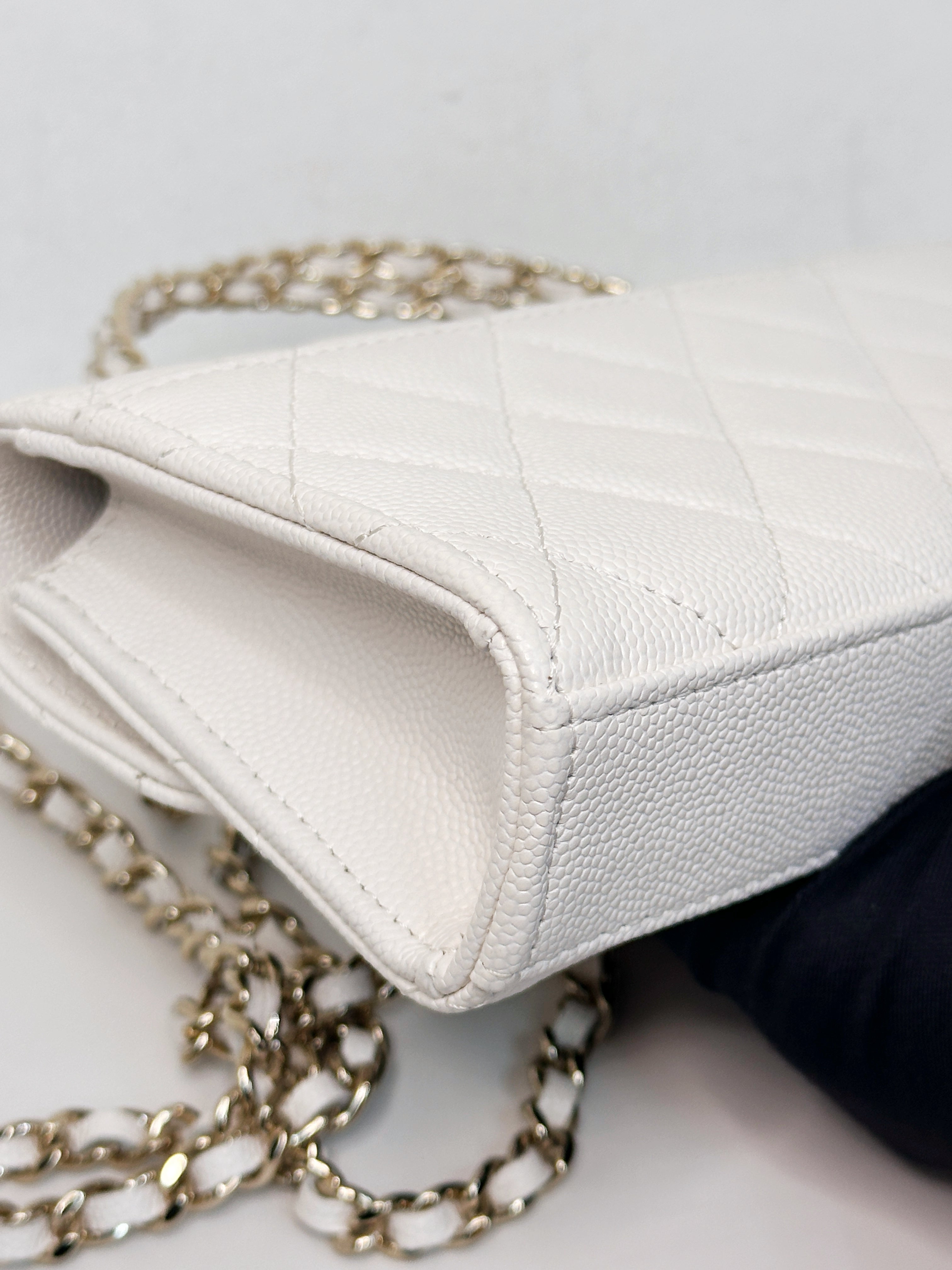 Chanel 23P Top Handle Kelly Clutch with Chain in White Caviar GHW