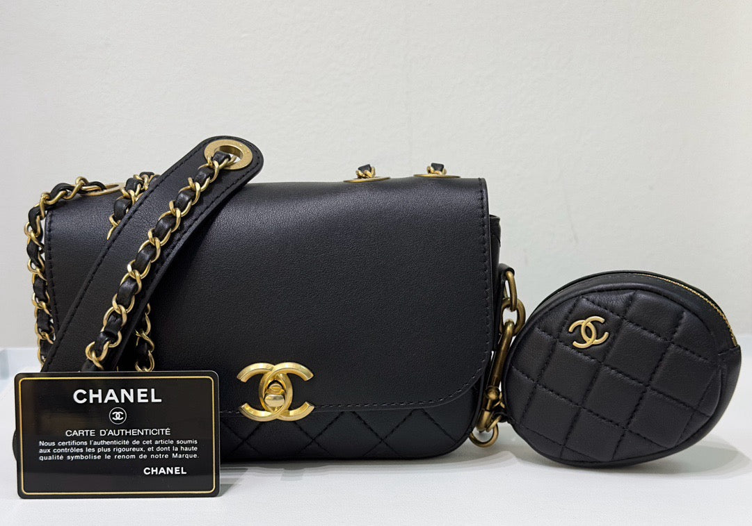 Chanel Calfskin Quilted Multi Pouching Flap And Coin Purse Black