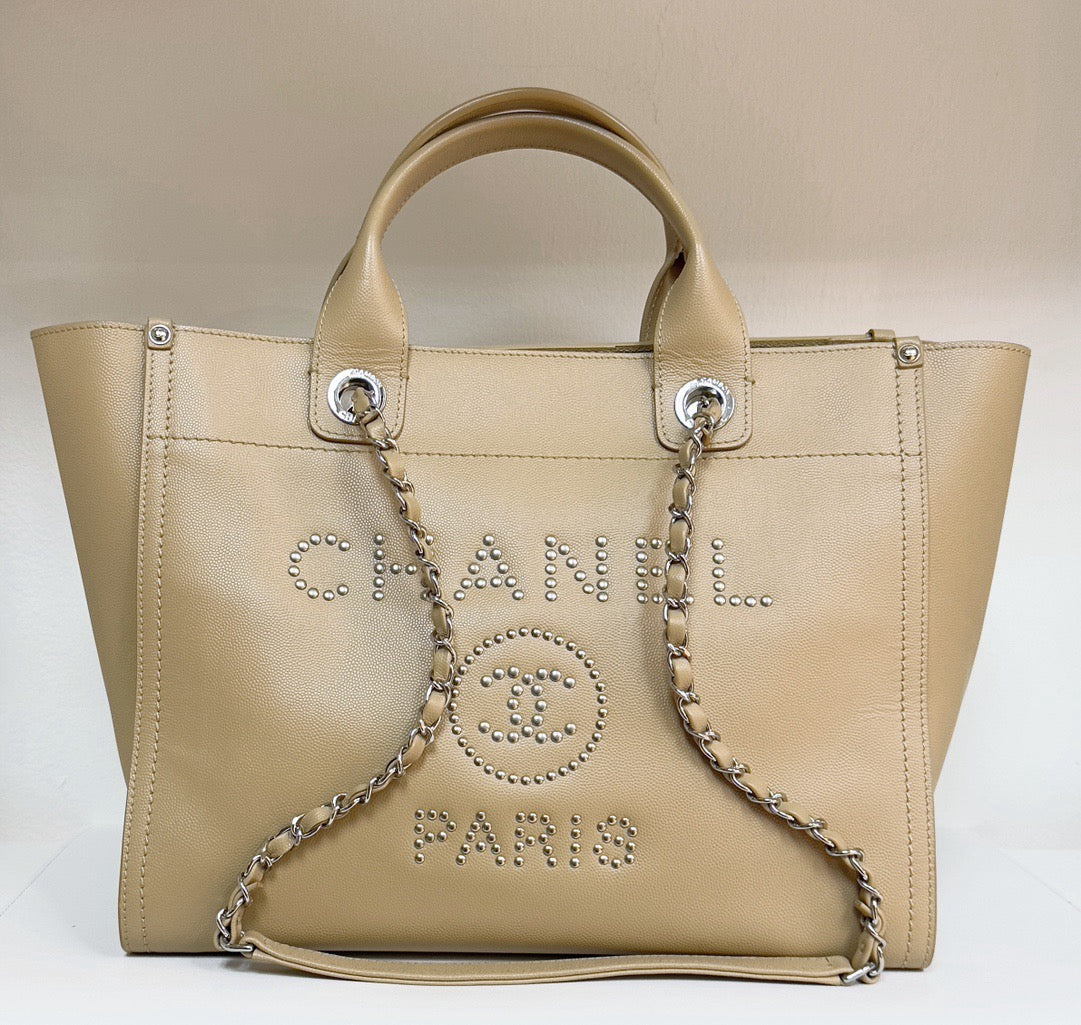 Chanel Small Deauville Caviar Tote Studded Beige 2543 holo card