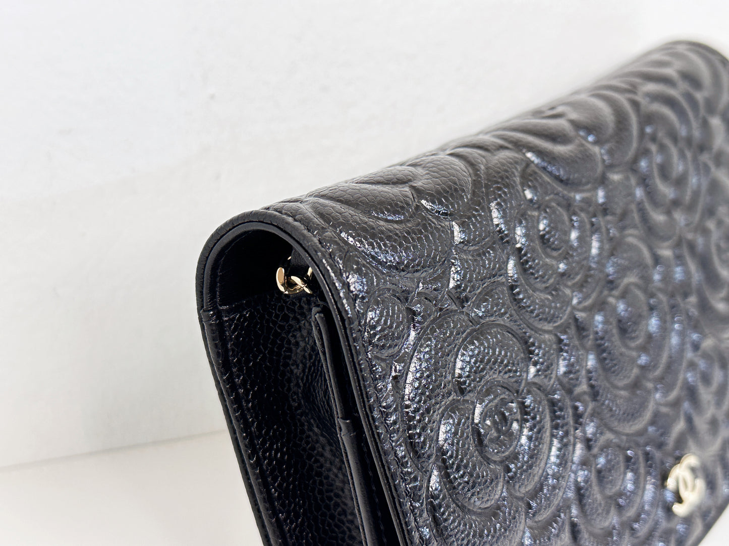 Chanel Black Caviar Camellia Embossed Wallet on Chain WOC Crossbody/ Clutch Bag 2951 holo card