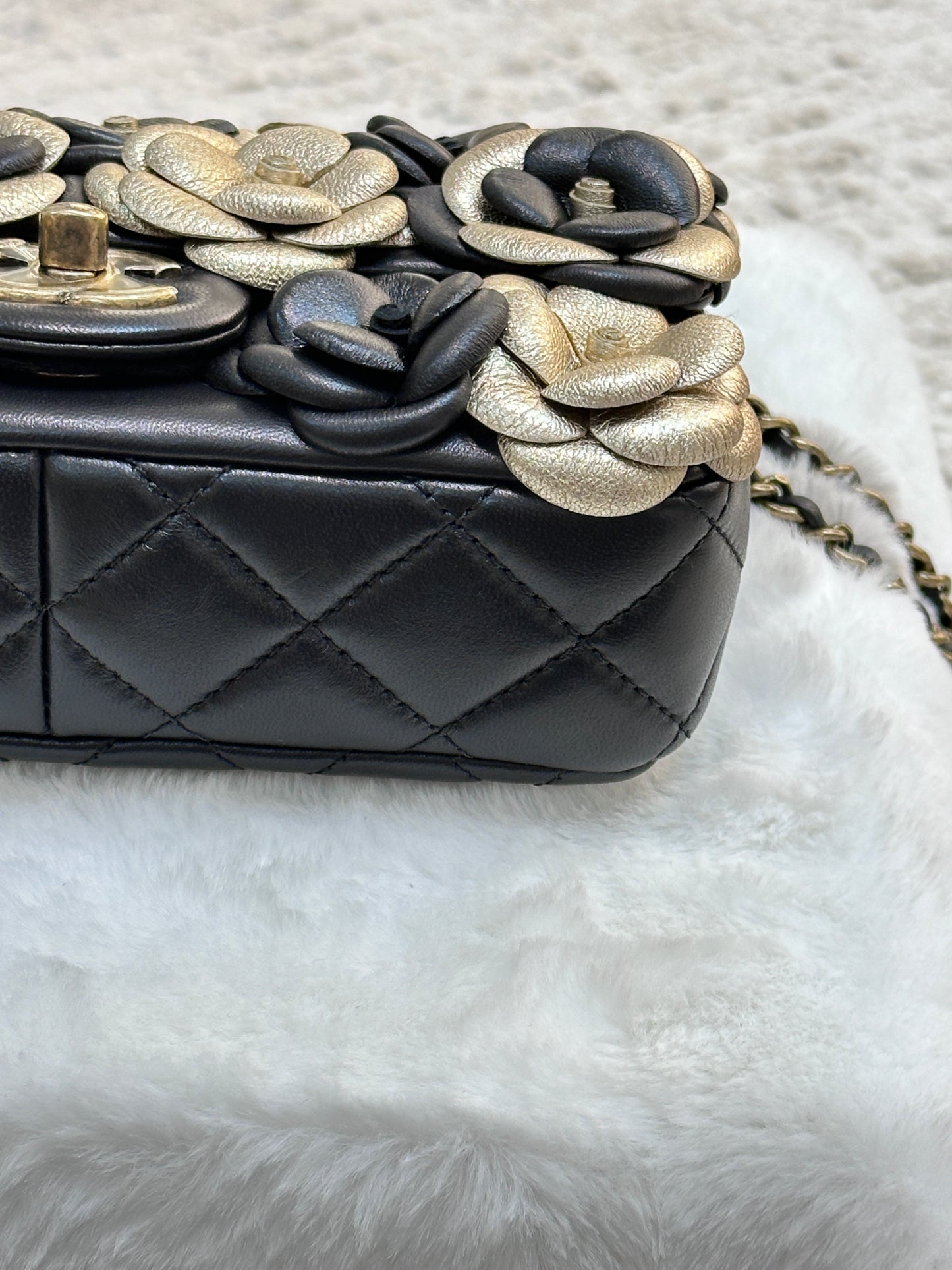 Chanel Mini Metallic Lambskin Quilted Camellia Flap  Bag Black Gold