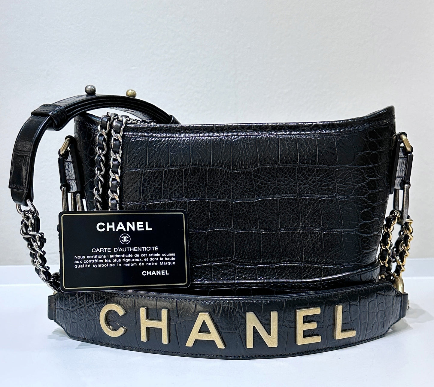 Chanel Small Gabrielle Hobo Bag Crocodile Embossed Calfskin Black