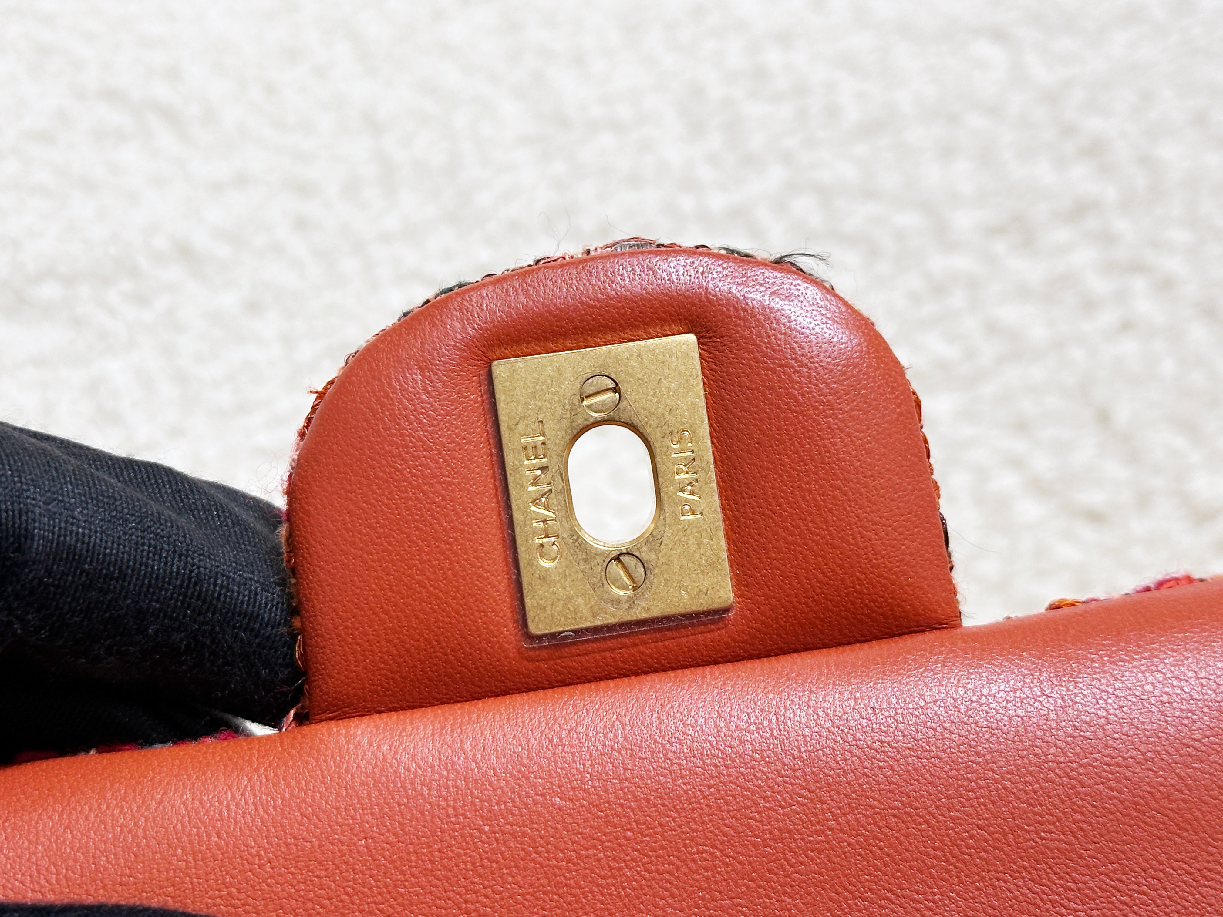 Chanel Tweed Quilted Medium Double Flap Bag Orange Multicolor K9J2 microchip