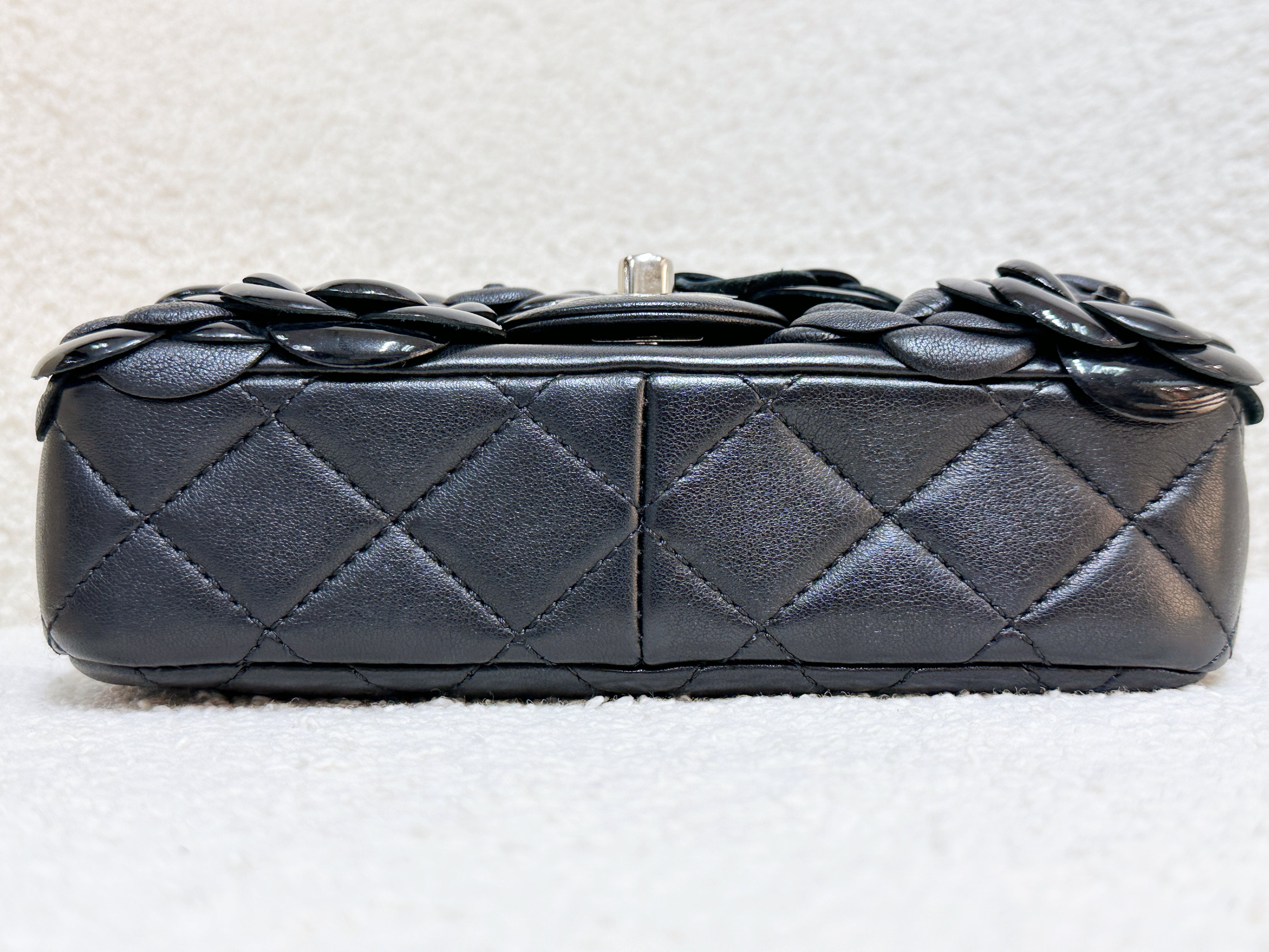 Chanel Mini Rectangular Camellia Flap Bag Black Lambskin and Patent Silver Hardware