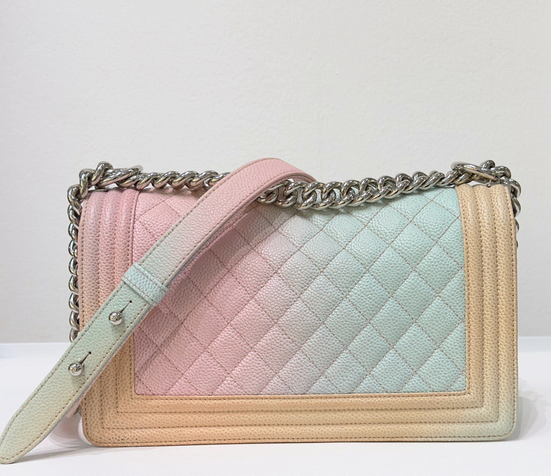 Chanel Medium Caviar Quilted Rainbow Boy Flap Pink Multicolor