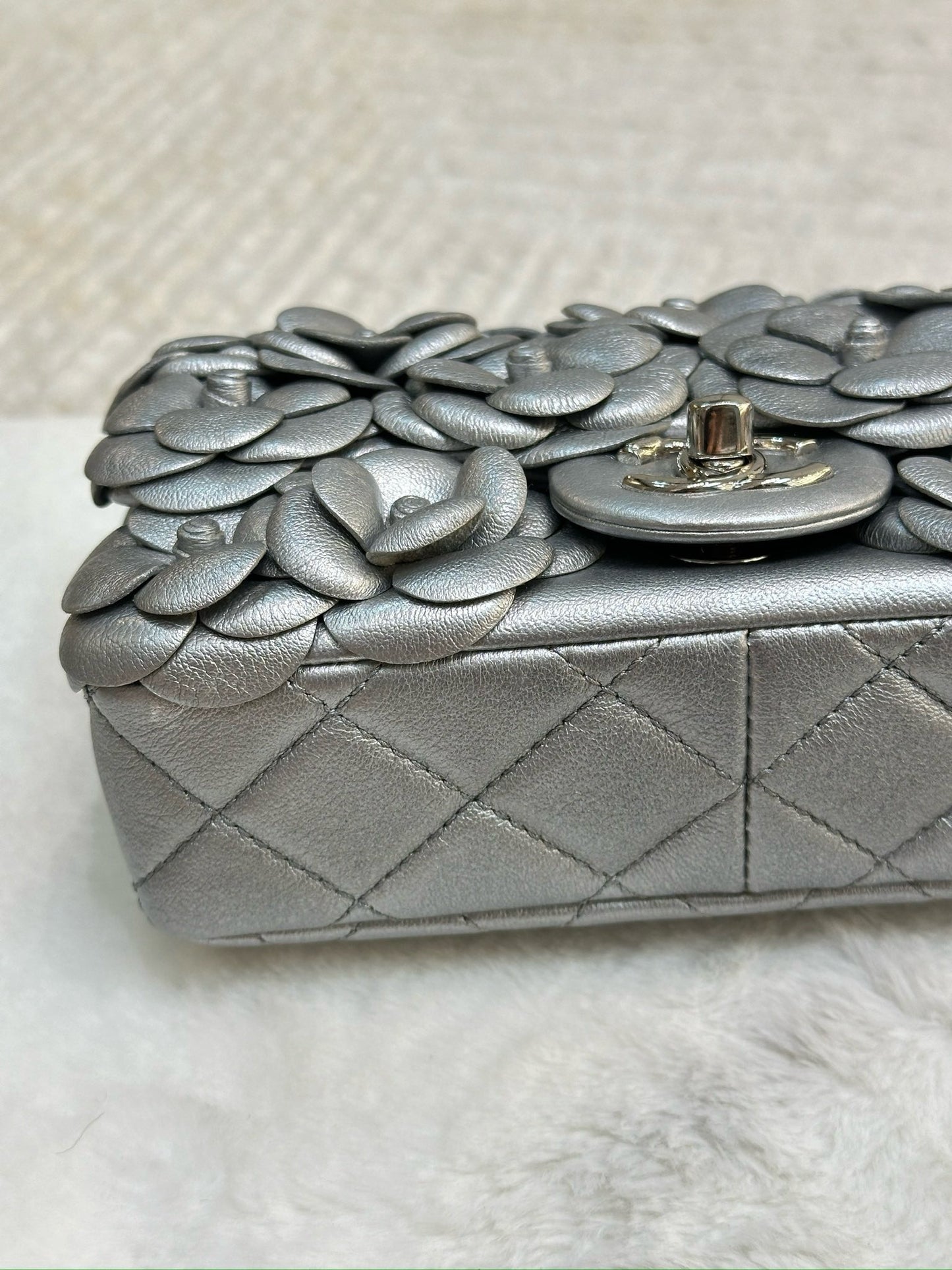 Chanel Mini Camellia Lambskin Shiny Silver SHW