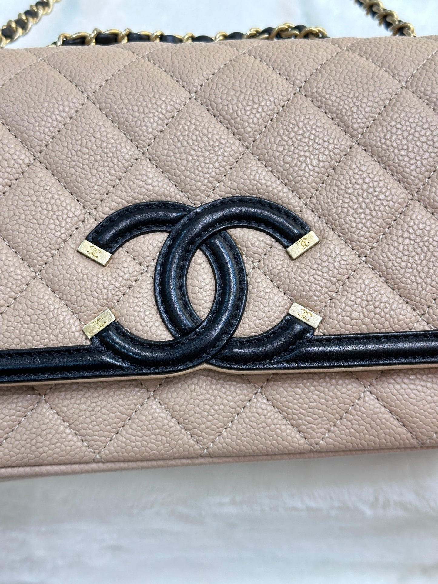 Chanel Small Caviar Quilted CC Filigree Flap Beige Black