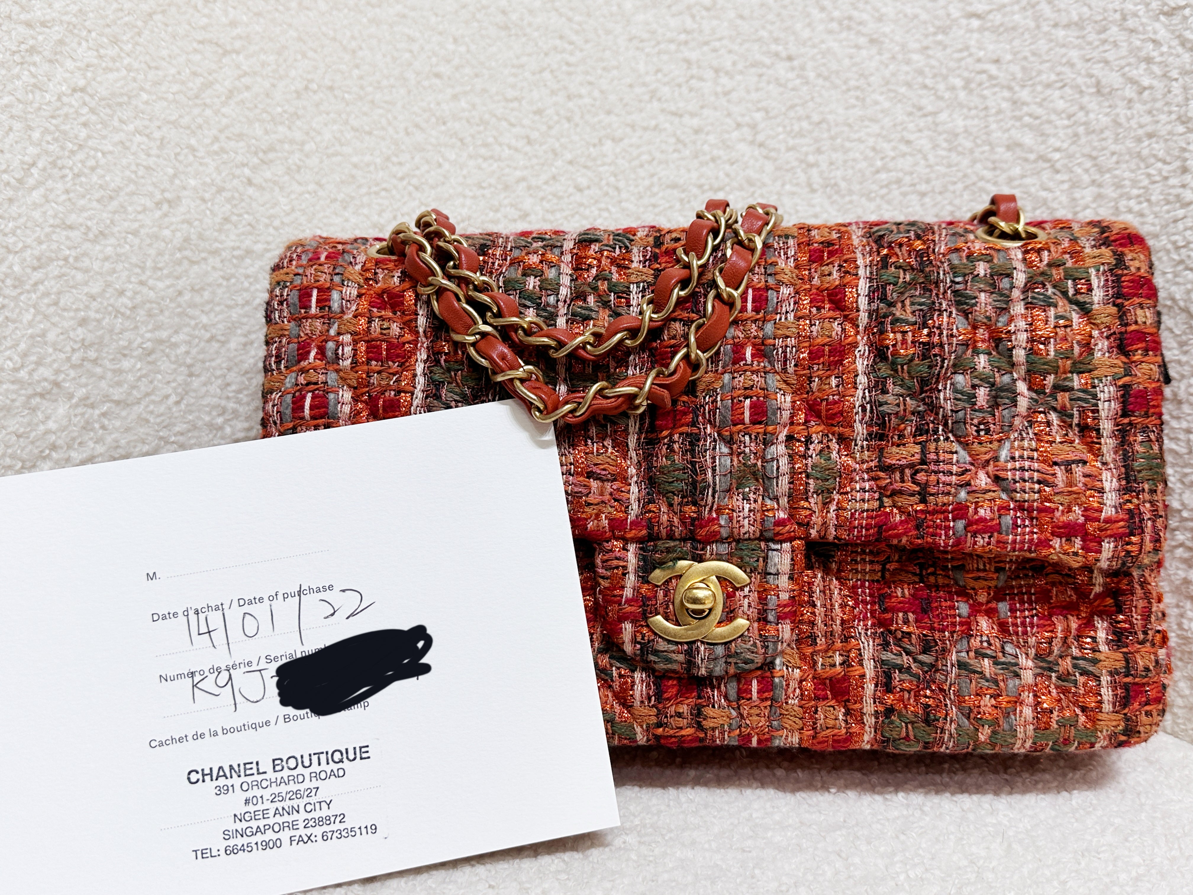 Chanel Tweed Quilted Medium Double Flap Bag Orange Multicolor K9J2 microchip