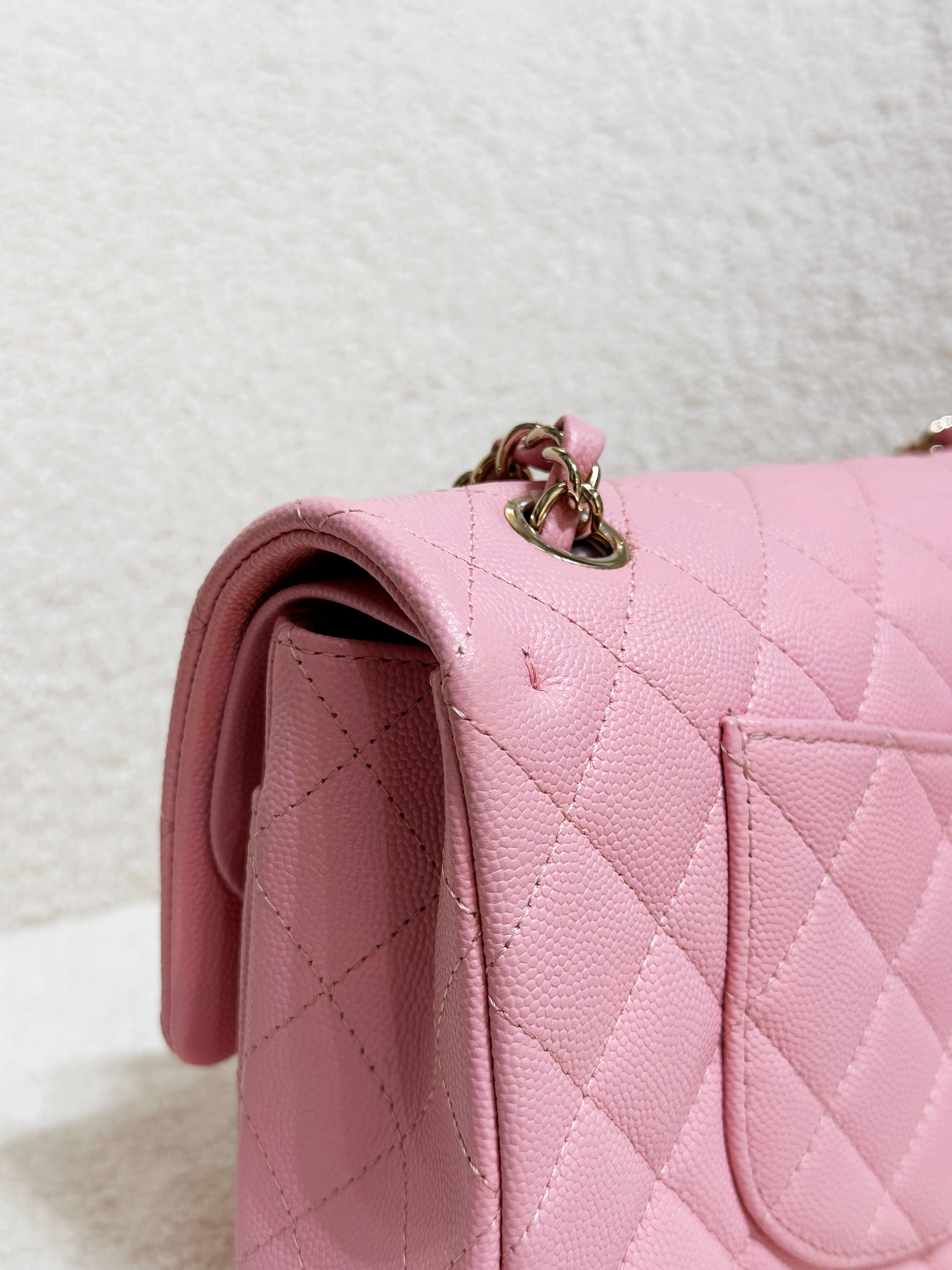 Chanel 22C Classic Quilted Medium Double Flap Bag Sakura Pink AKHX microchip