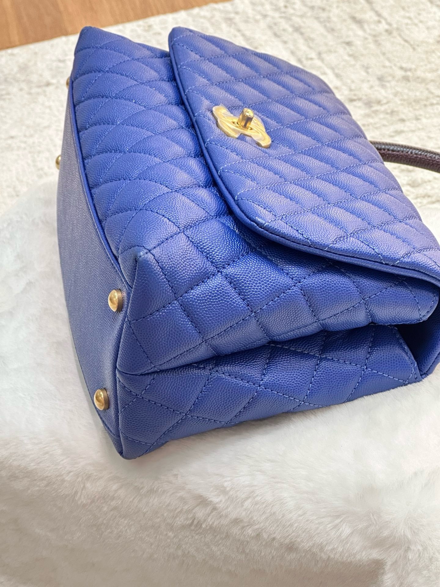 Chanel Medium Caviar Lizard Embossed Quilted Coco Handle Flap Dark Blue