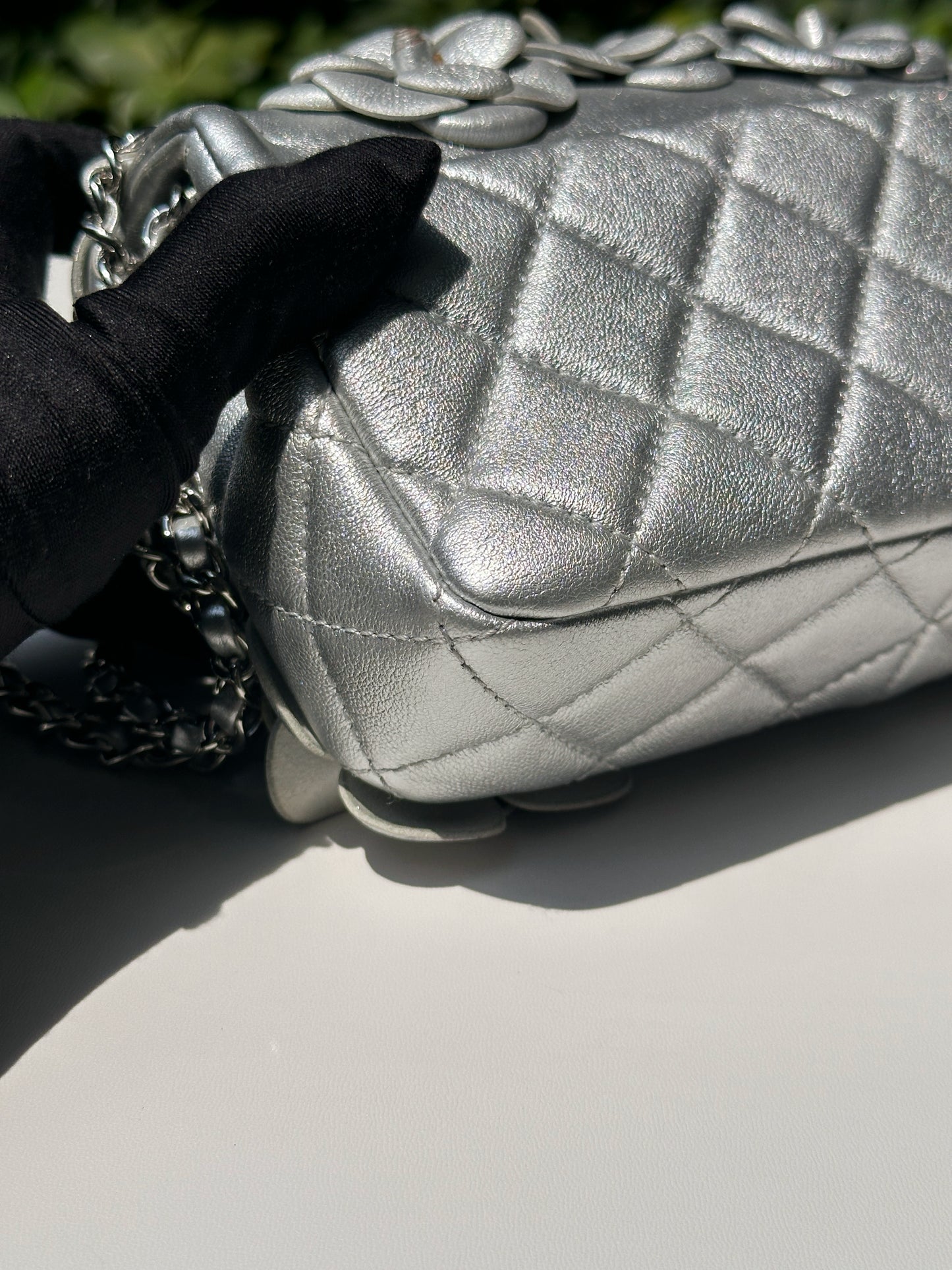 Chanel Mini Camellia Lambskin Shiny Silver SHW 2245 holo