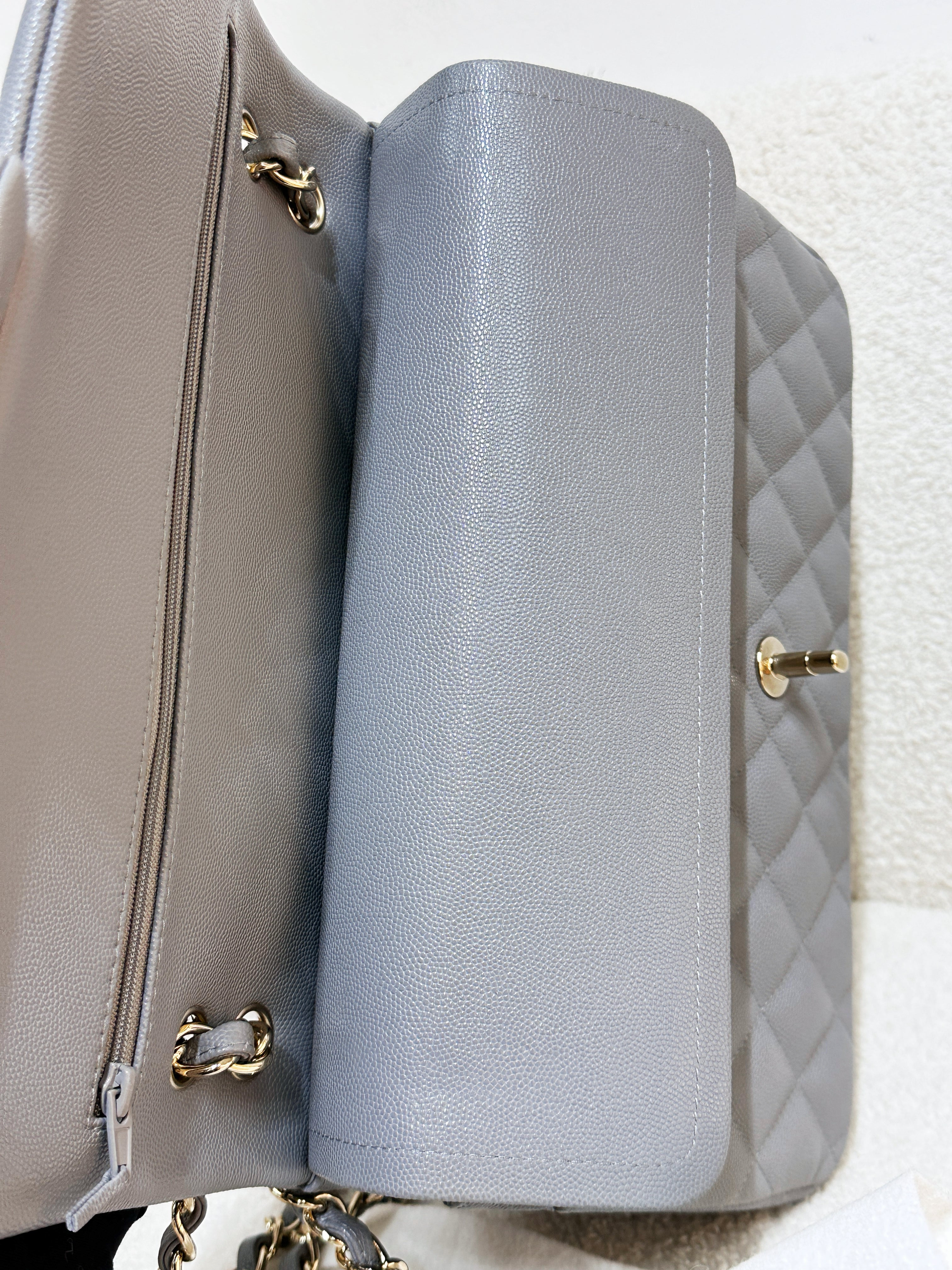 Chanel Jumbo Caviar Classic Quilted Double Flap Bag Light Grey LGHW 2910 holo card