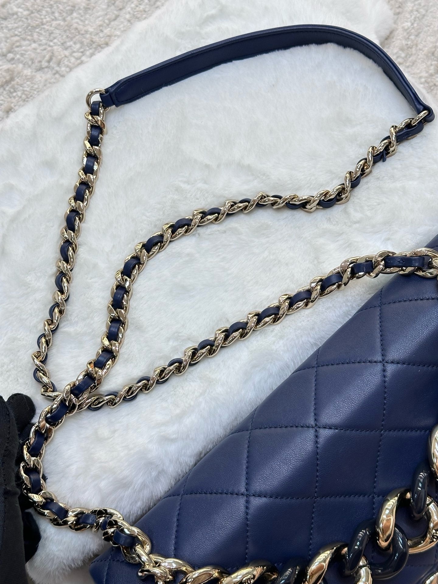 CHANEL Medium Calfskin Quilted Resin Bi-Color Chain Flap Bag Navy