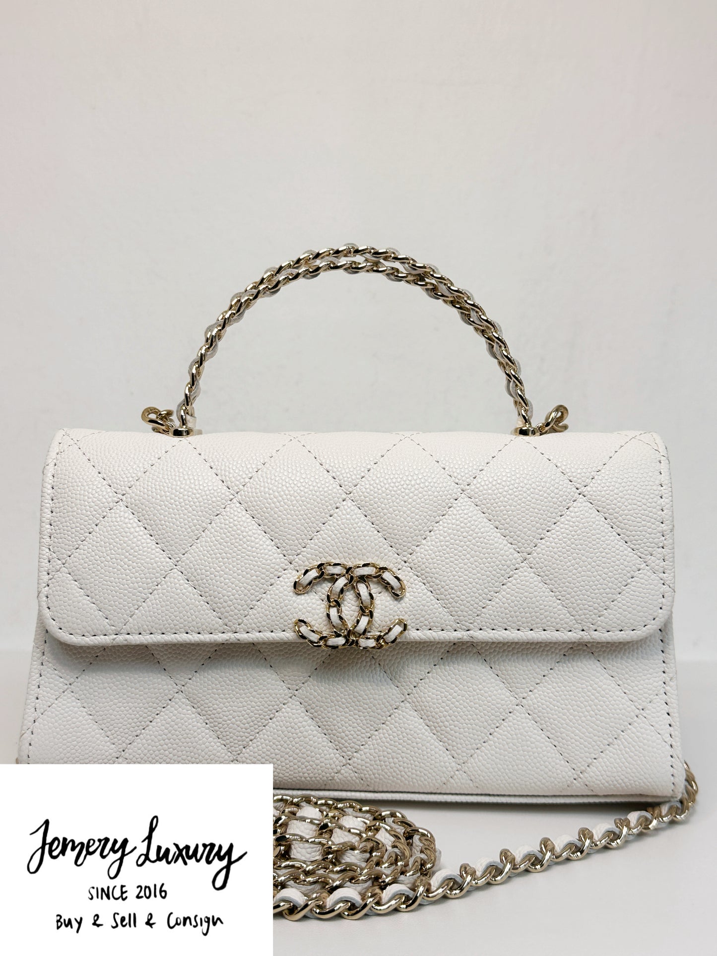 Chanel 23P Top Handle Kelly Clutch with Chain in White Caviar GHW