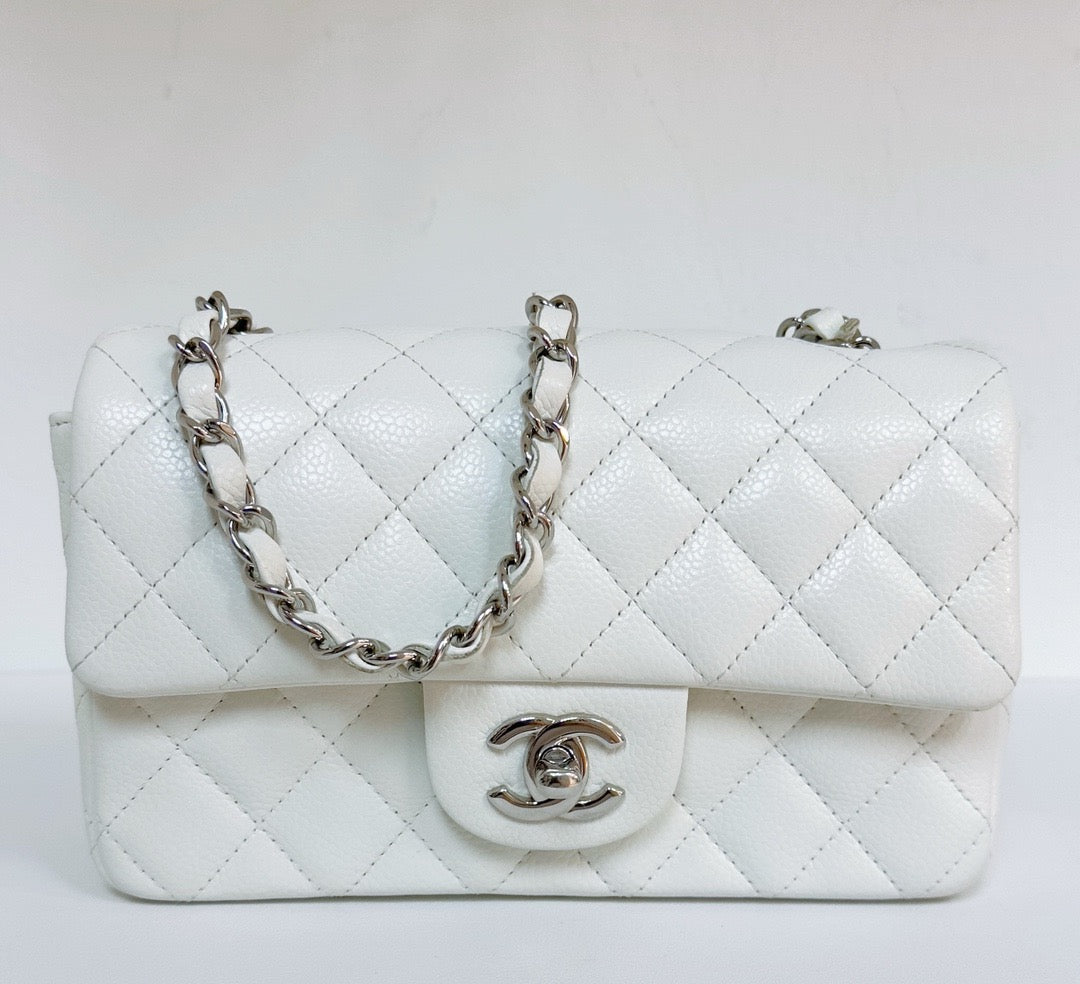 Chanel Mini Rectangular Caviar Classic White SHW 1877 holo card