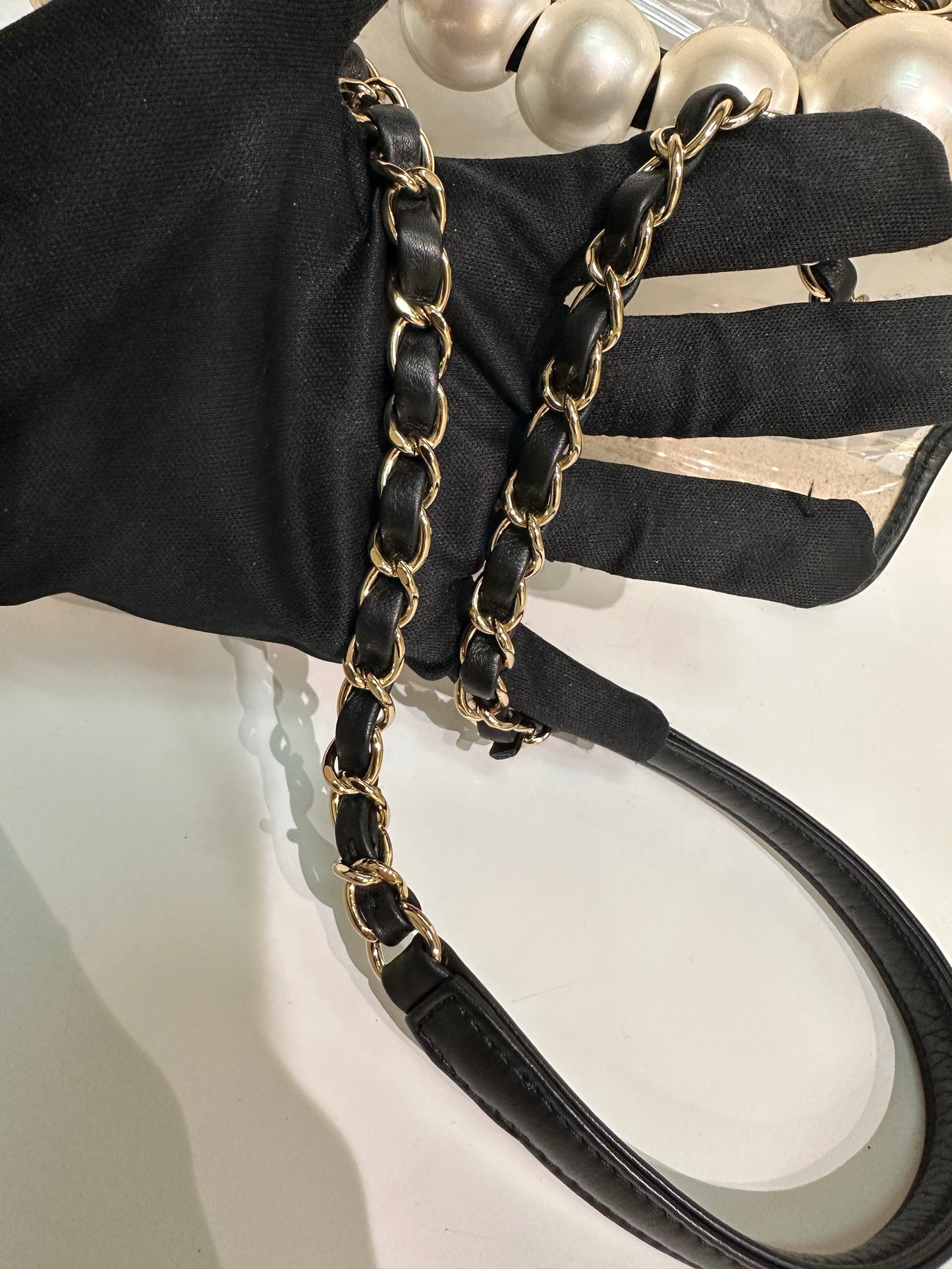 CHANEL Lambskin PVC Sand By The Sea Flap With Pearl Strap Black