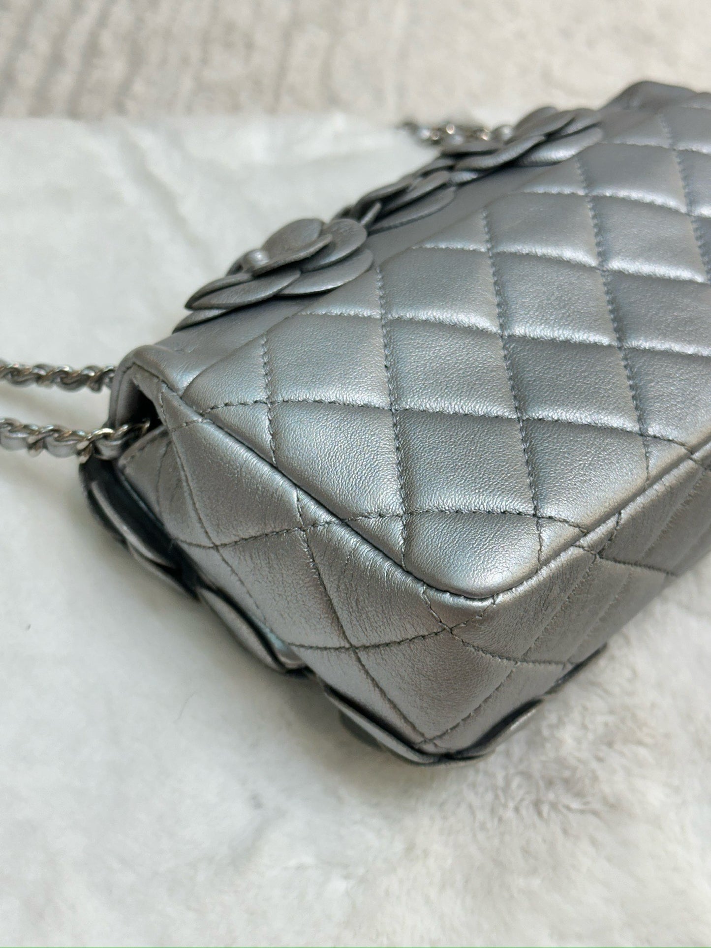 Chanel Mini Camellia Lambskin Shiny Silver SHW