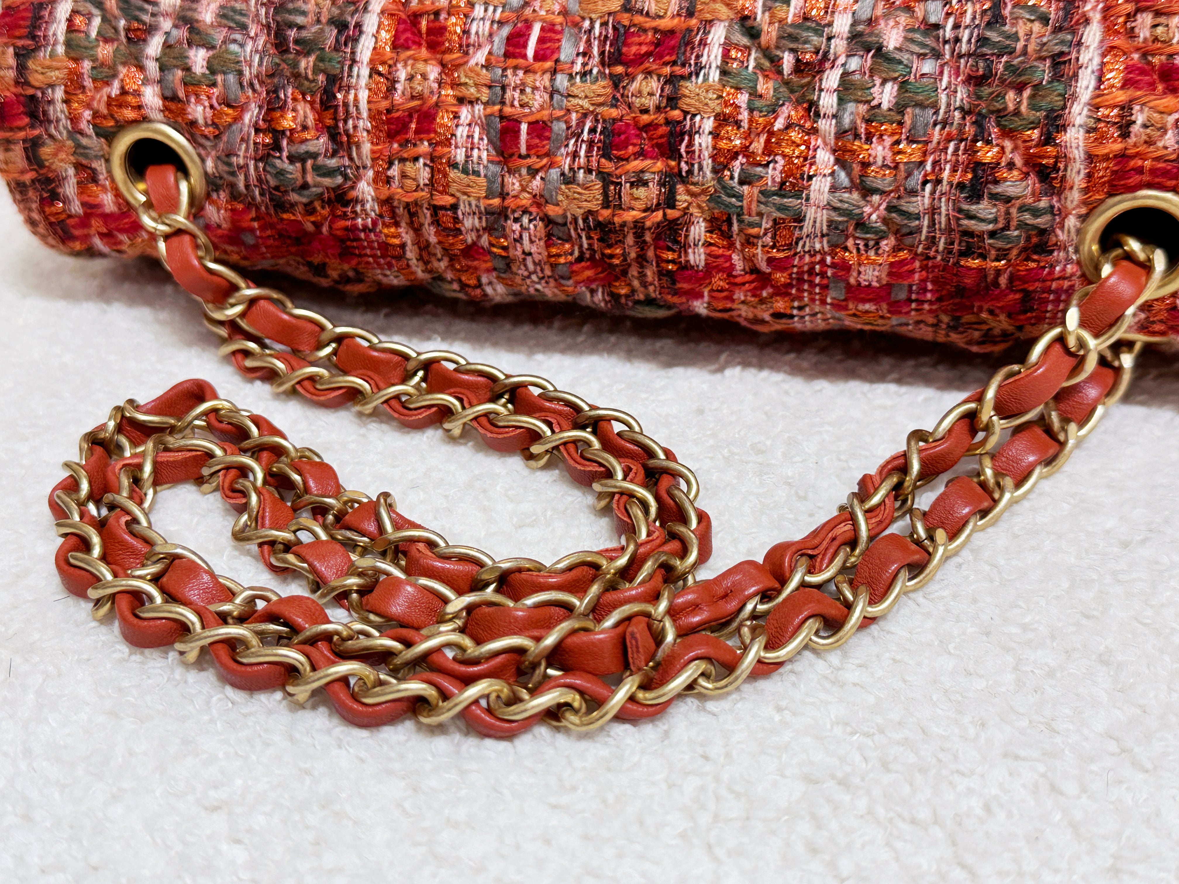 Chanel Tweed Quilted Medium Double Flap Bag Orange Multicolor K9J2 microchip