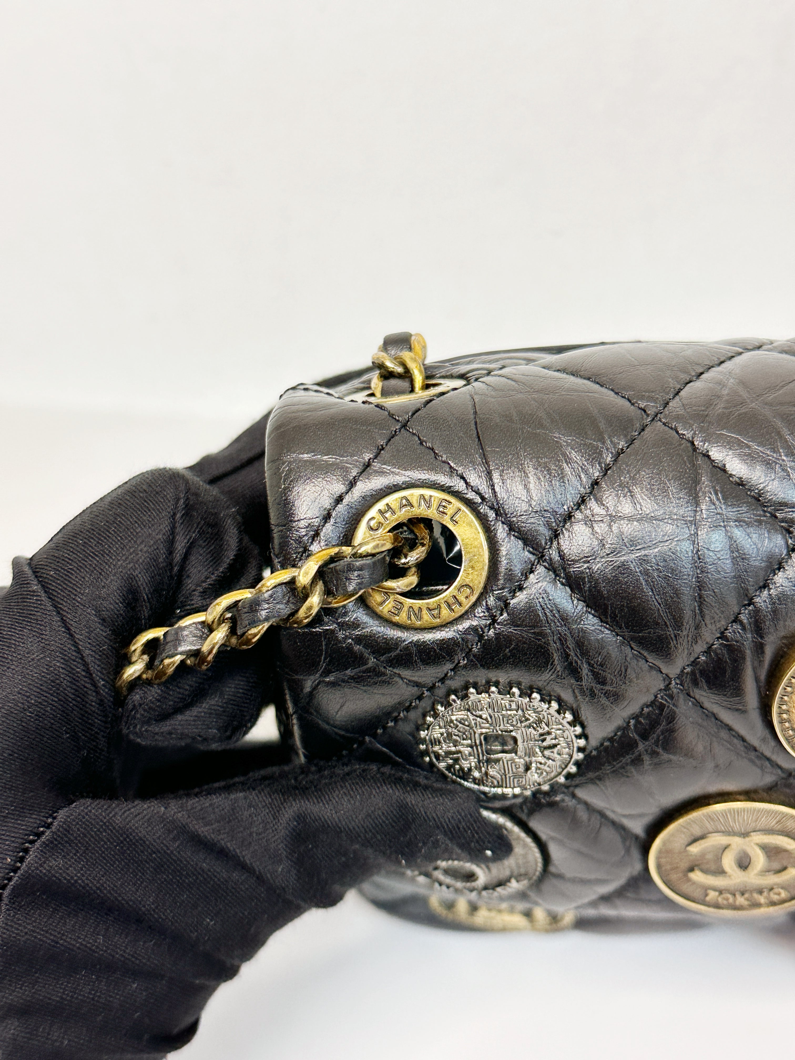 Chanel Mini Limited Edition Aged Calfskin Quilted Medallion Flap Black GHW 206 holo card