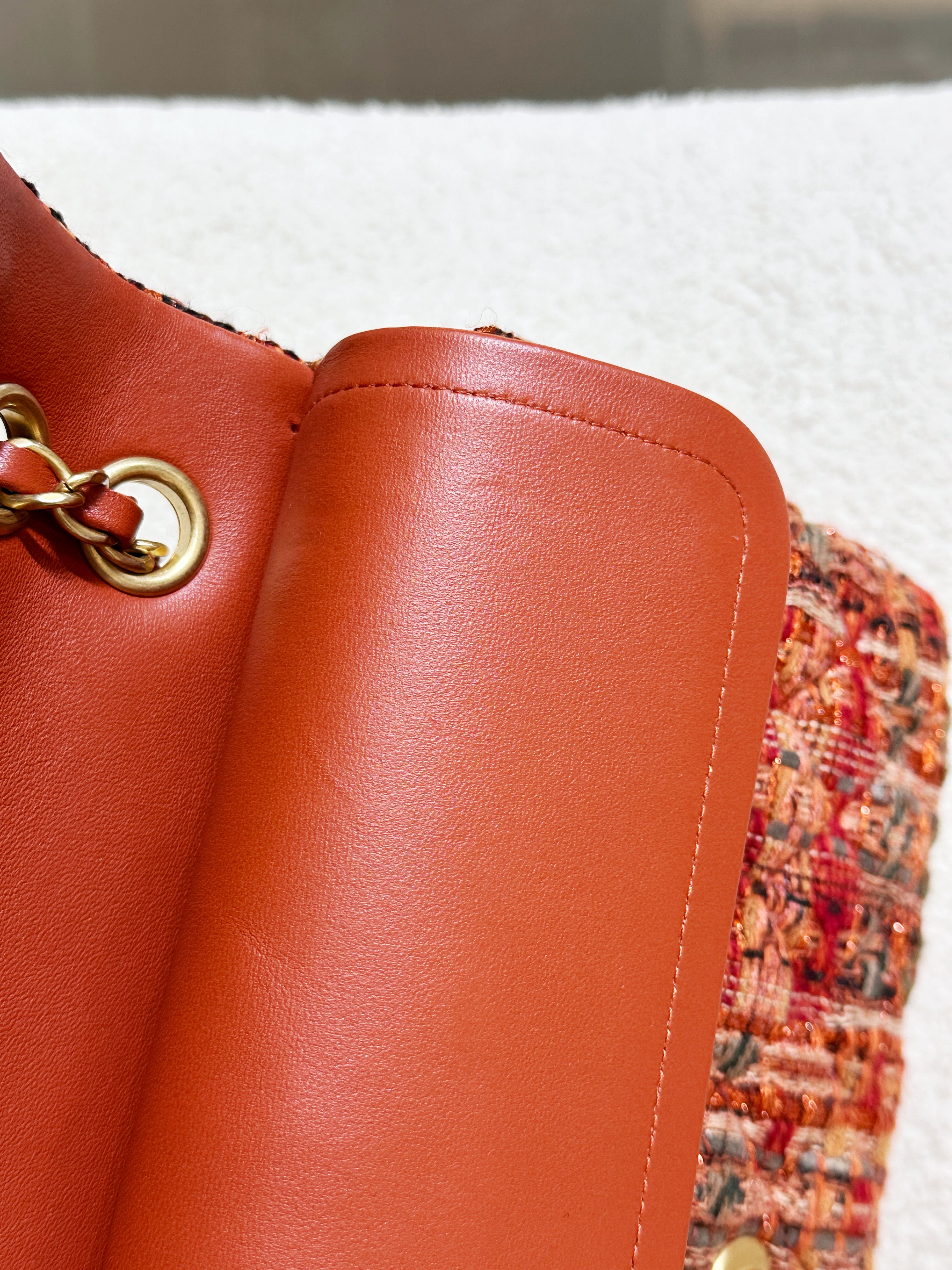 Chanel Tweed Quilted Medium Double Flap Bag Orange Multicolor K9J2 microchip