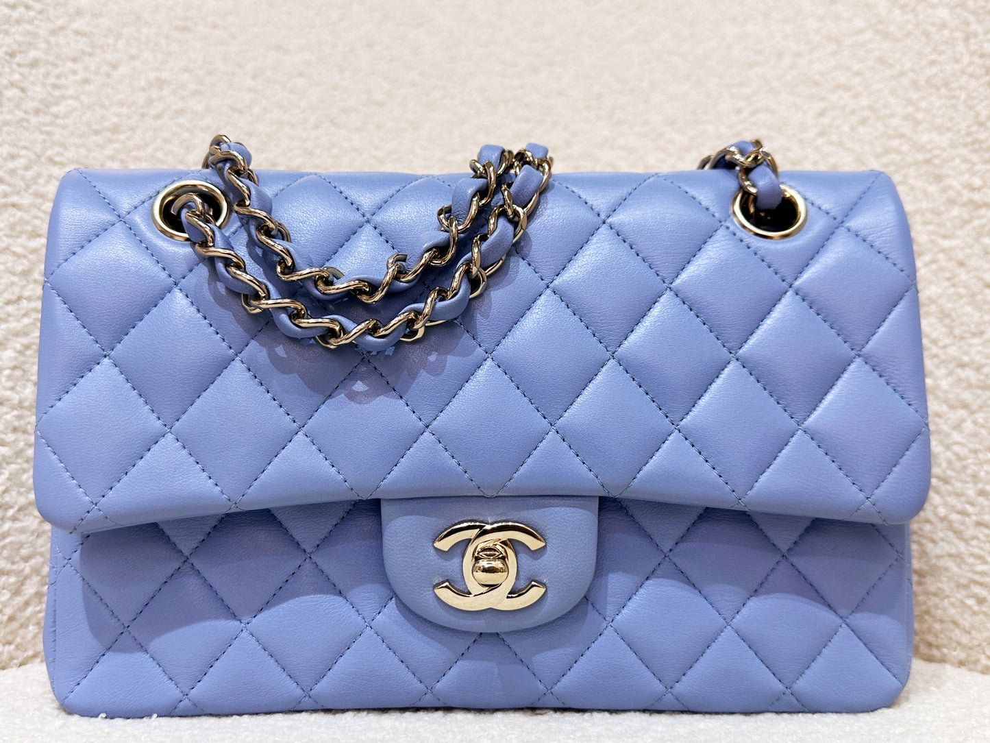 Chanel 21c Small Lambskin Classic Quilted Double Flap Bag Sky Blue GHW 3072 holo card
