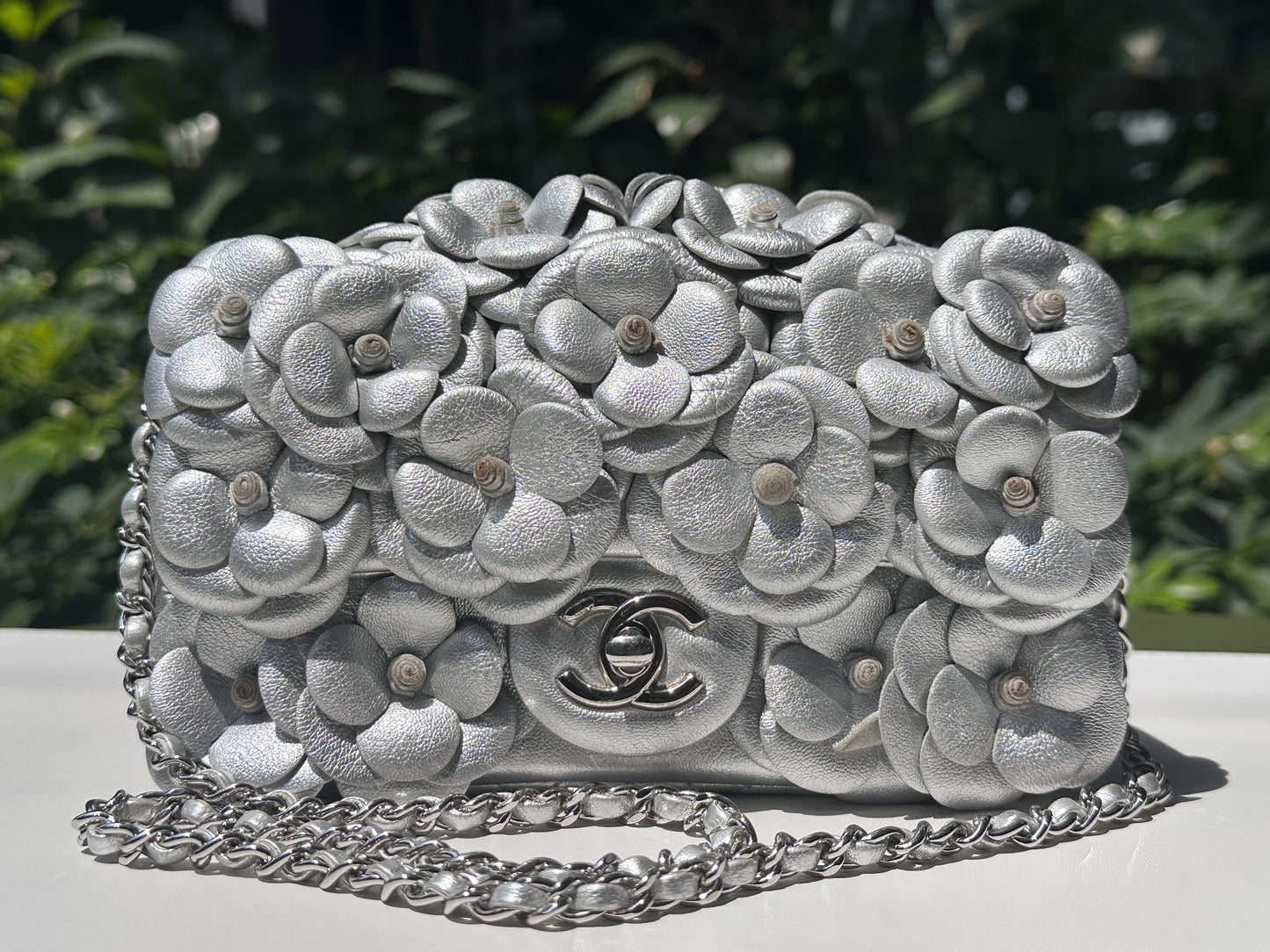 Chanel Mini Camellia Lambskin Shiny Silver SHW 2245 holo