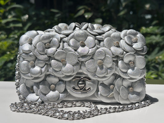Chanel Mini Camellia Lambskin Shiny Silver SHW 2245 holo