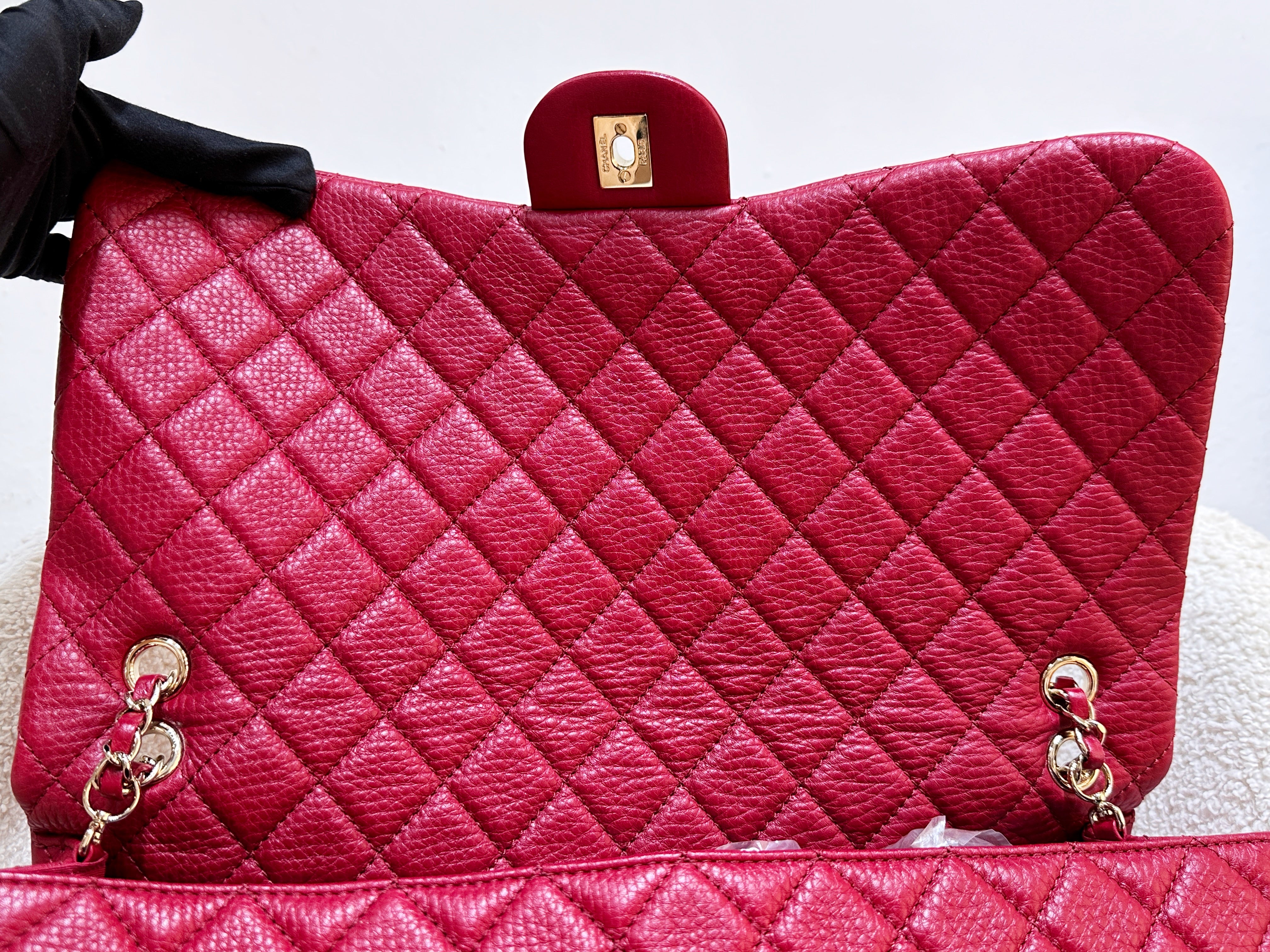 Chanel Red Grained Calfskin XL Small Travel Flap Bag Light Gold Hardware