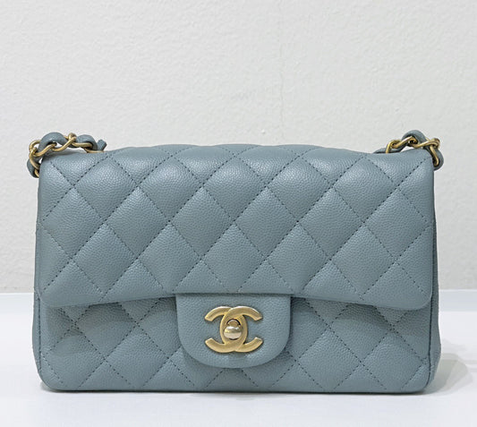 CHANEL Iridescent Caviar Quilted Mini Rectangular Flap Light Blue 18C