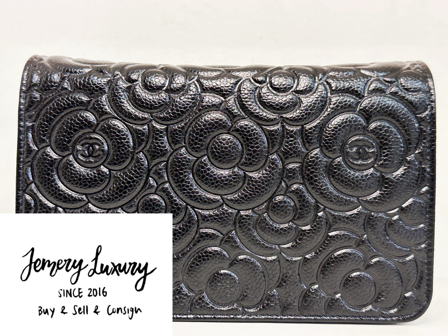 Chanel Black Caviar Camellia Embossed Wallet on Chain WOC Crossbody/ Clutch Bag 2951 holo card