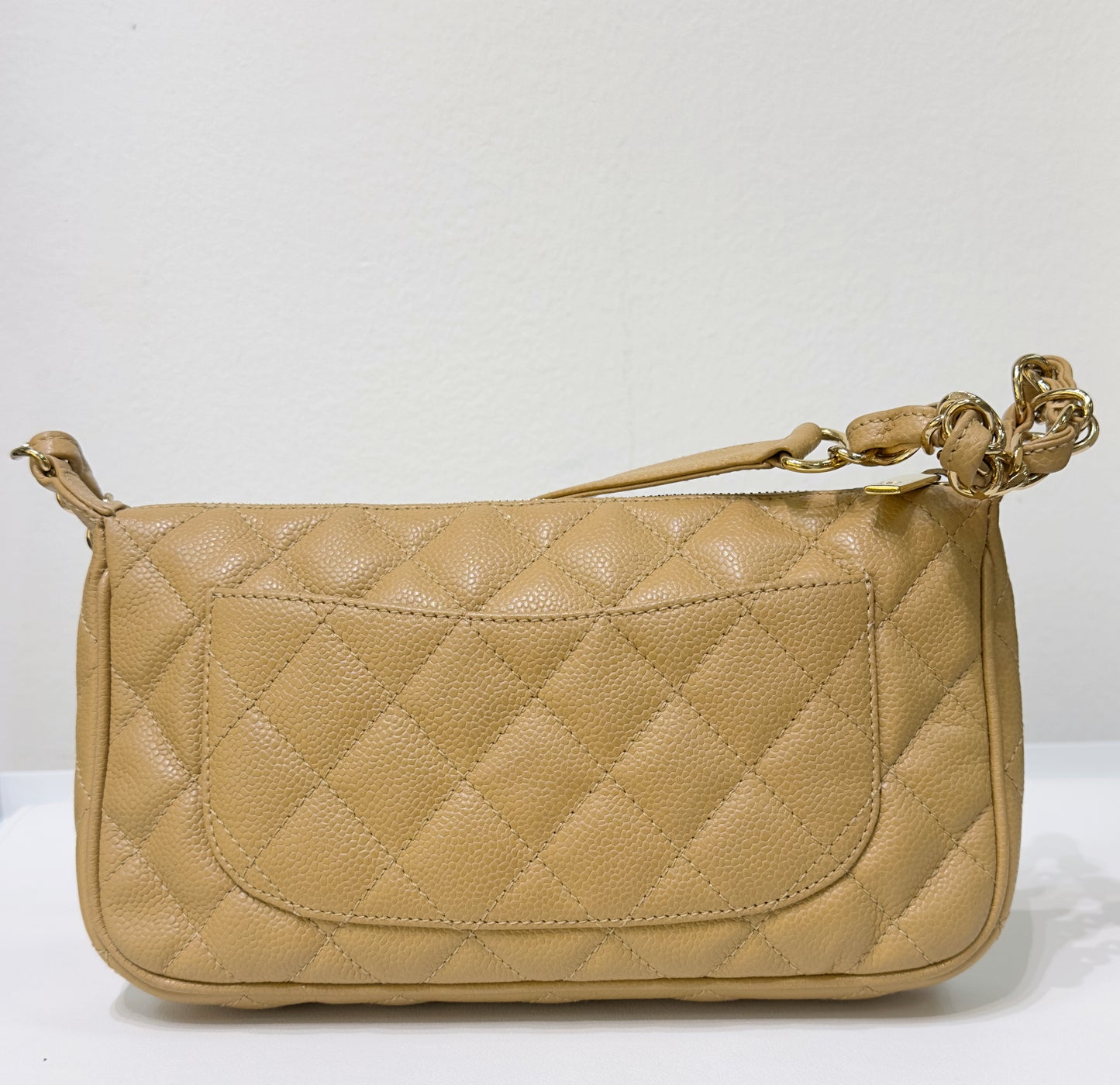 Chanel Small Caviar Quilted Pochette Shoulder Bag Beige GHW