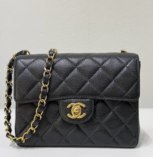 Chanel Mini Square Caviar Classic Flap Chain Shoulder Bag Black GHW(inside corner lightly touched)