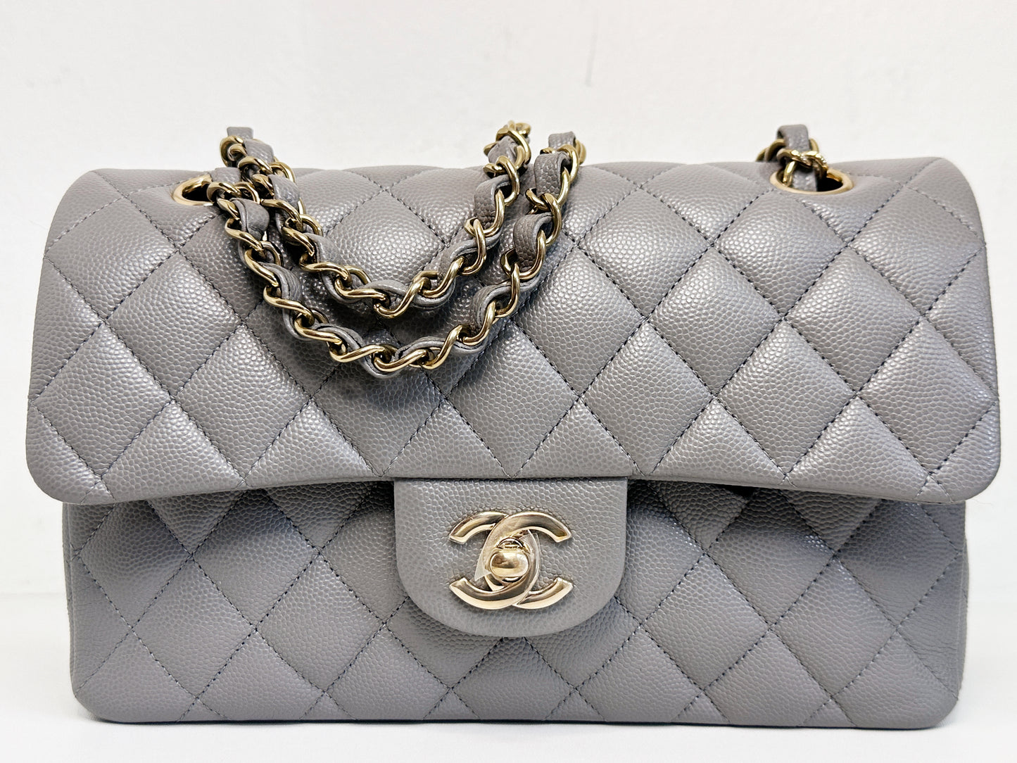 Chanel Small Caviar Quilted Double Flap Bag Grey LGHW EK81 microchip