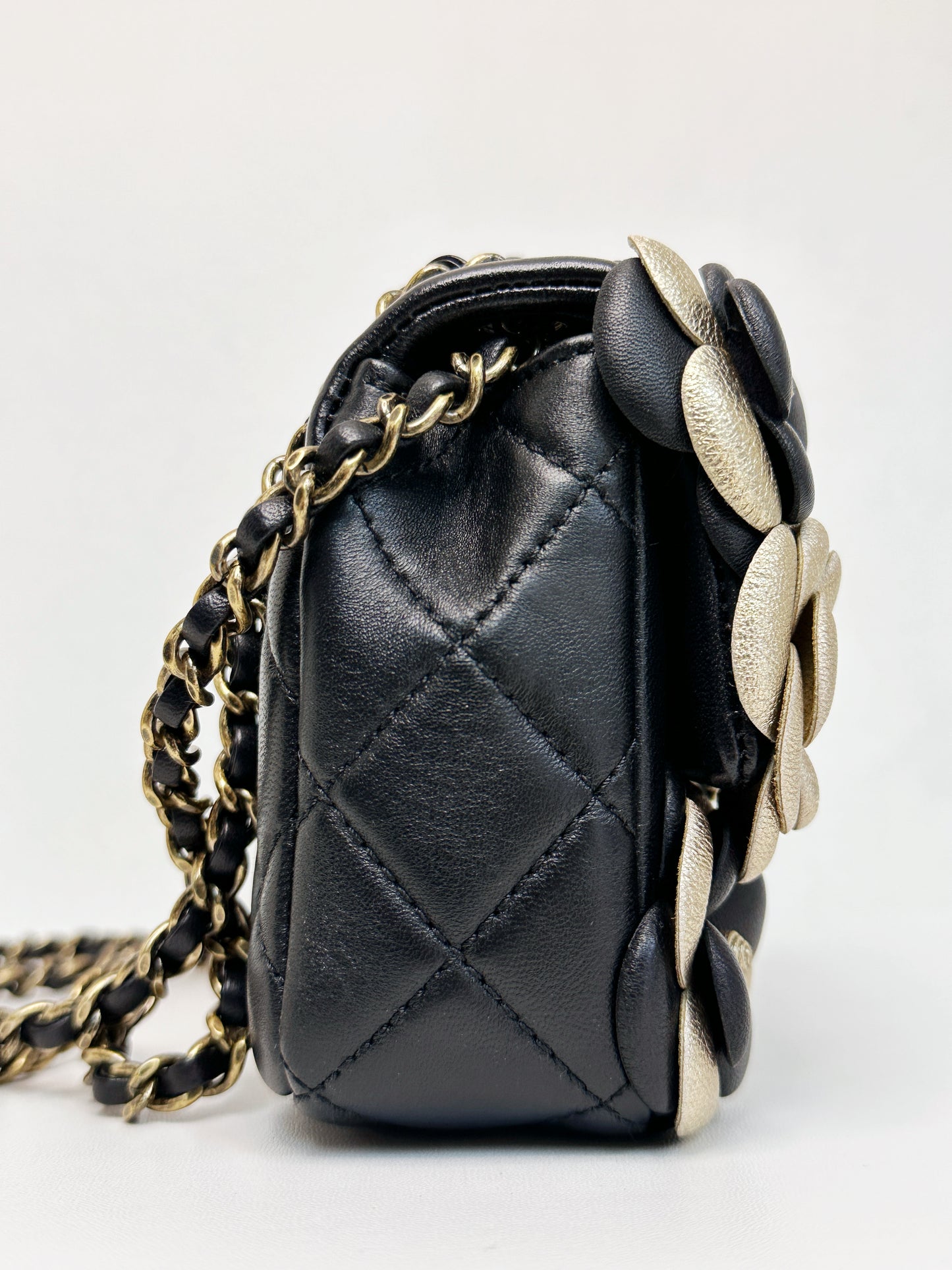 Chanel Mini Metallic Lambskin Quilted Camellia Flap Bag Black Gold 2479 holo card