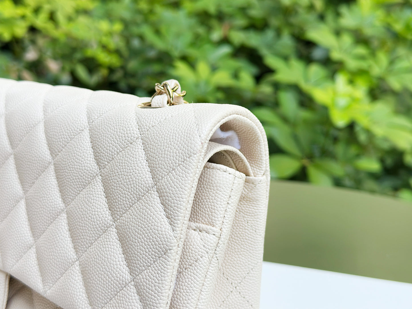 Chanel Medium Caviar Classic Quilted Double Flap Ivory Light Beige Bag LGHW
