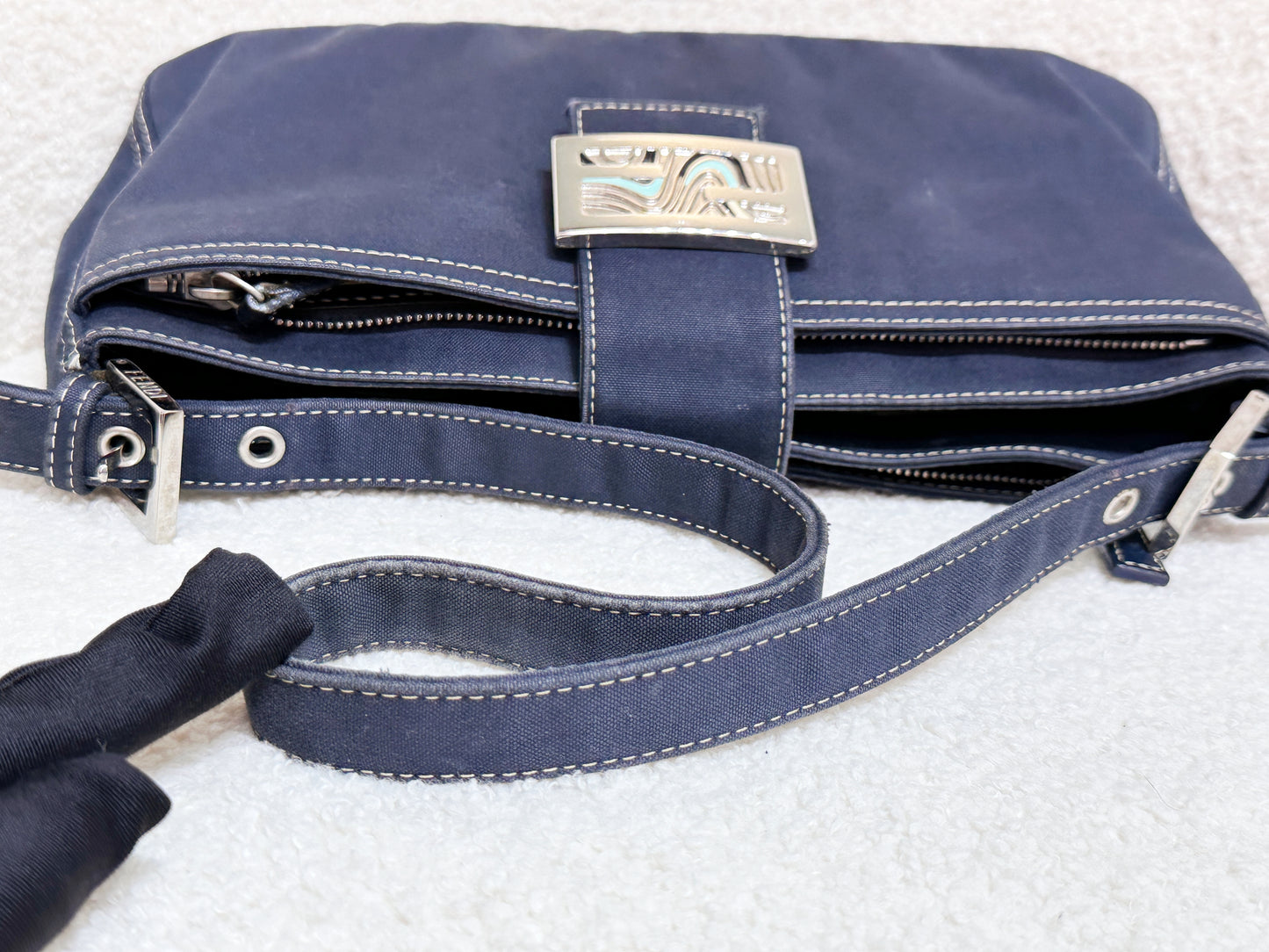 Fendi Mamma Baguette Canvas Shoulder Bag Navy blue