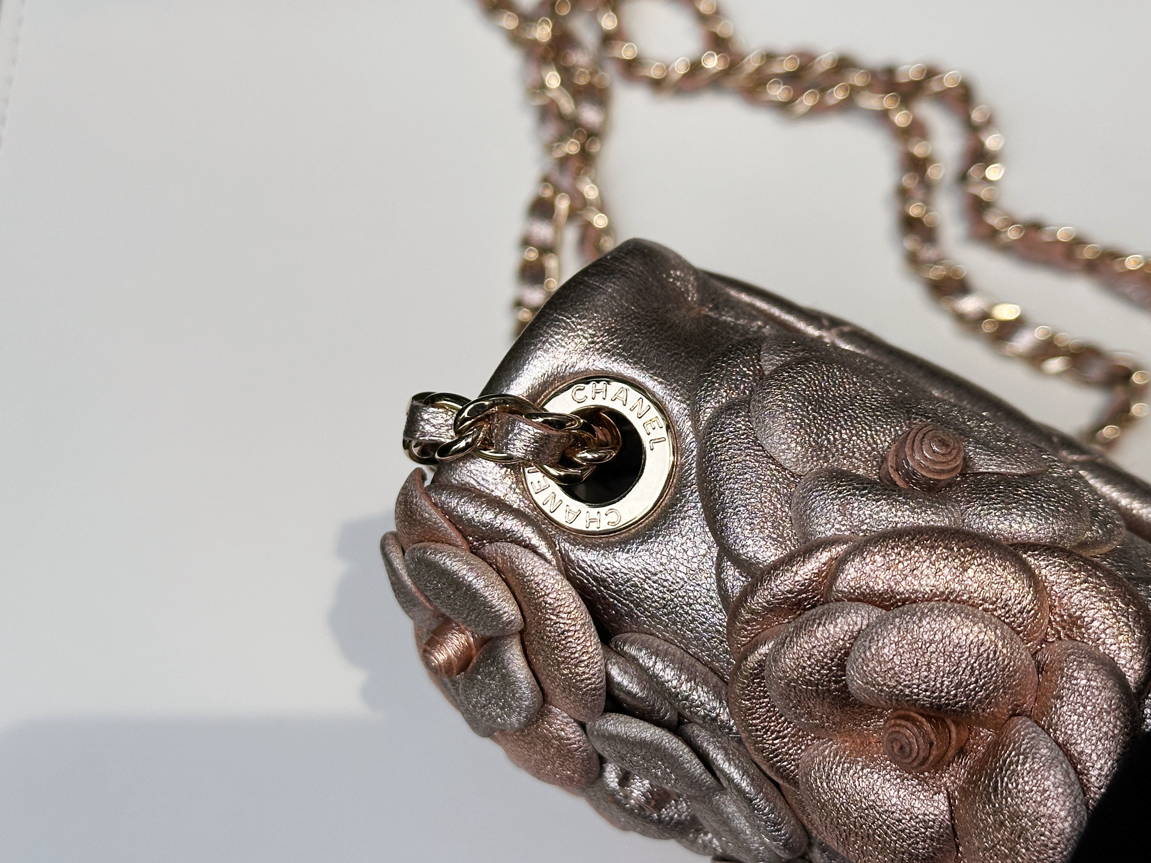 Chanel Camellia Mini Metallic Rose Gold/Pink Lambskin Gold Hardware 2078 holo card