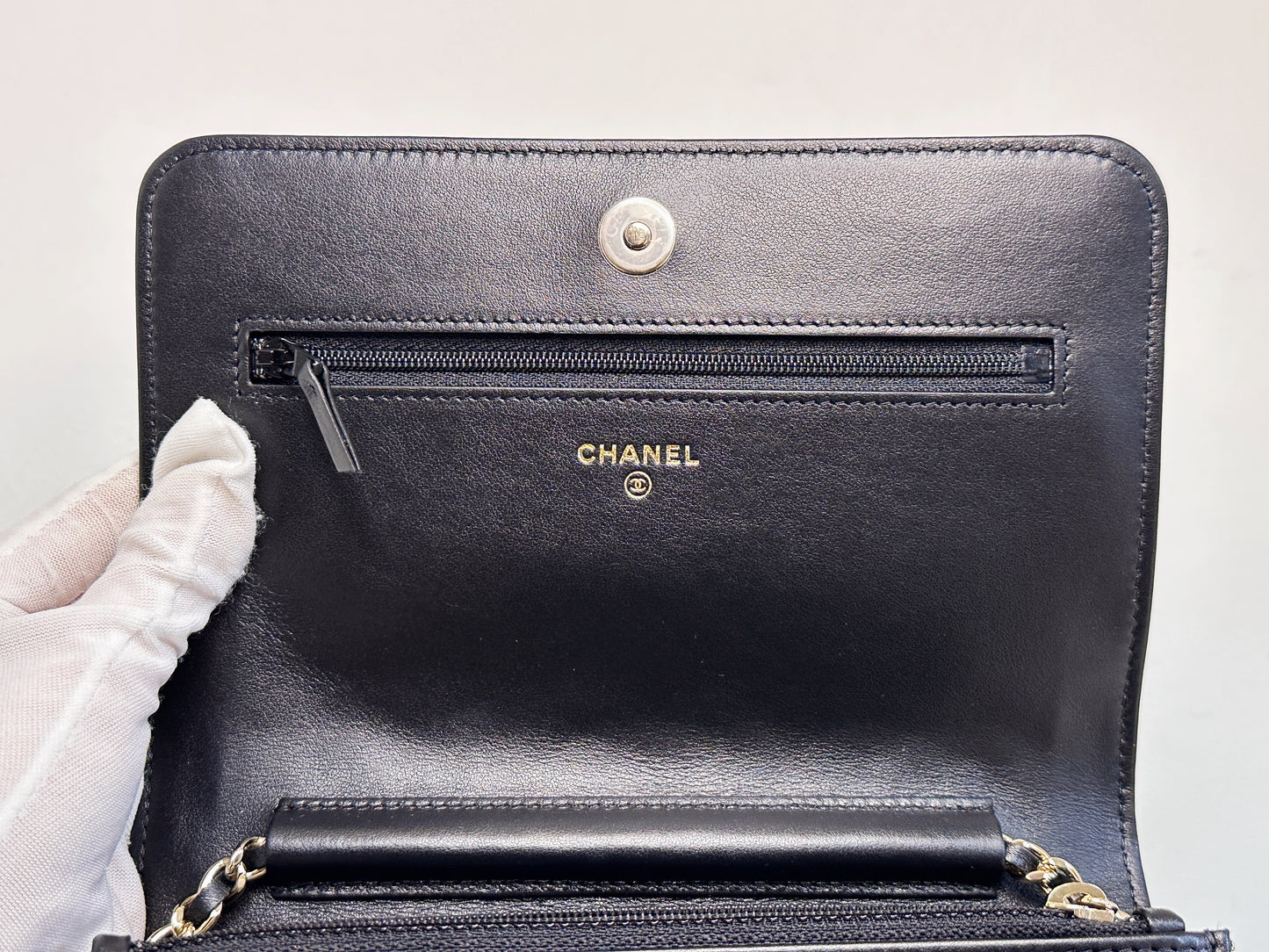 Chanel Black Caviar Camellia Embossed Wallet on Chain WOC Crossbody/ Clutch Bag 2951 holo card