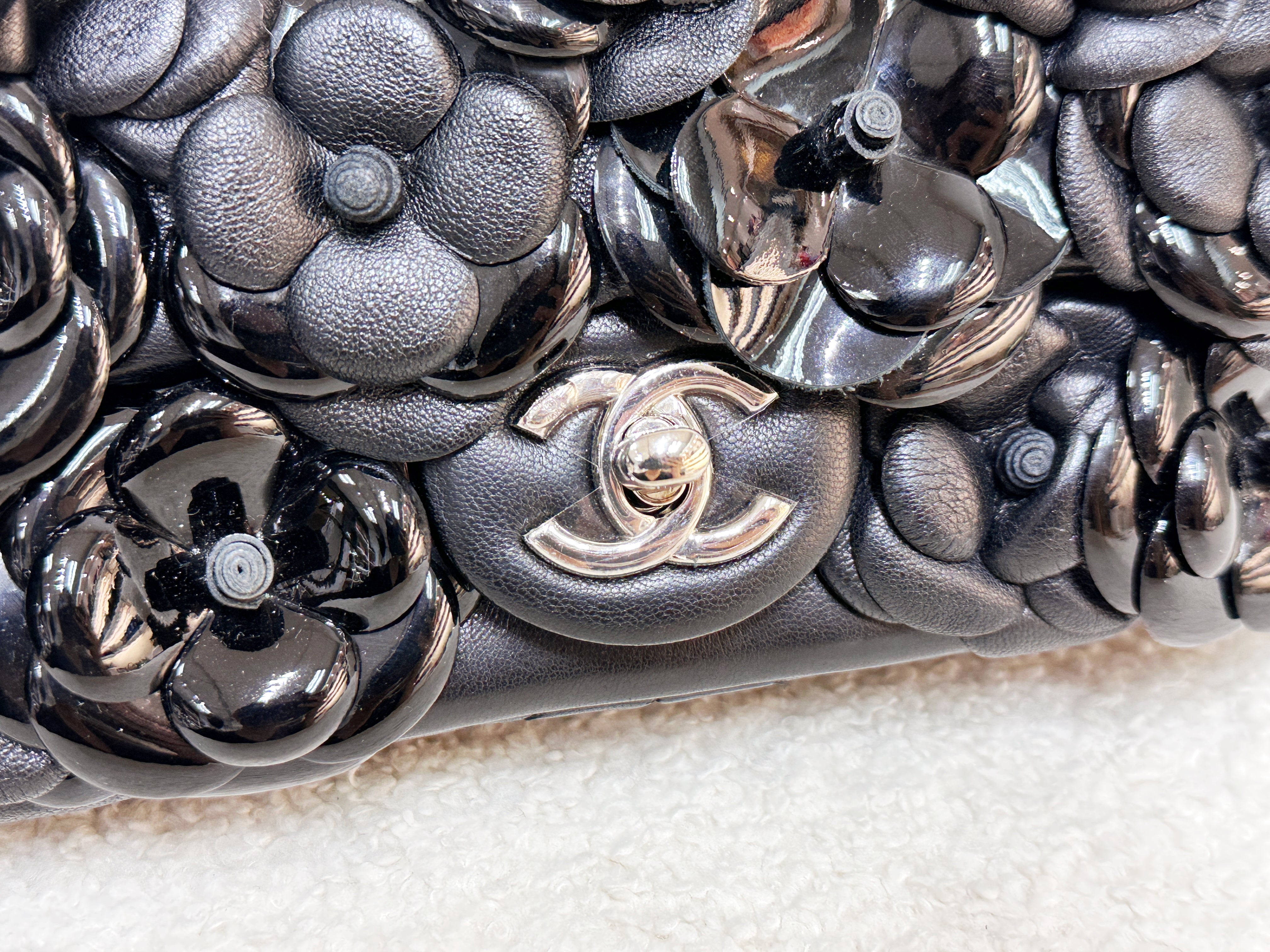 Chanel Mini Rectangular Camellia Flap Bag Black Lambskin and Patent Silver Hardware