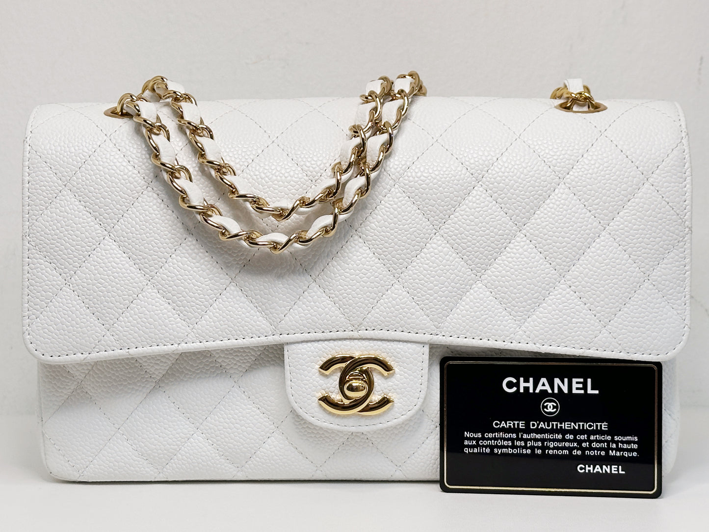 Chanel White Caviar Medium Classic Double Flap Bag 1350 holo card
