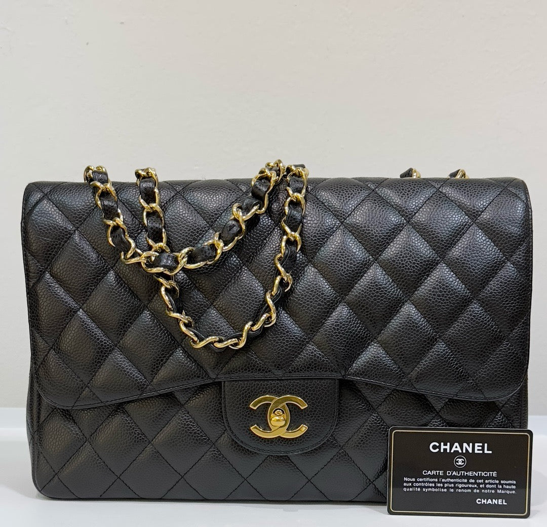 Chanel Classic Jumbo Single Flap Caviar Leather Black 1237 holo card GHW