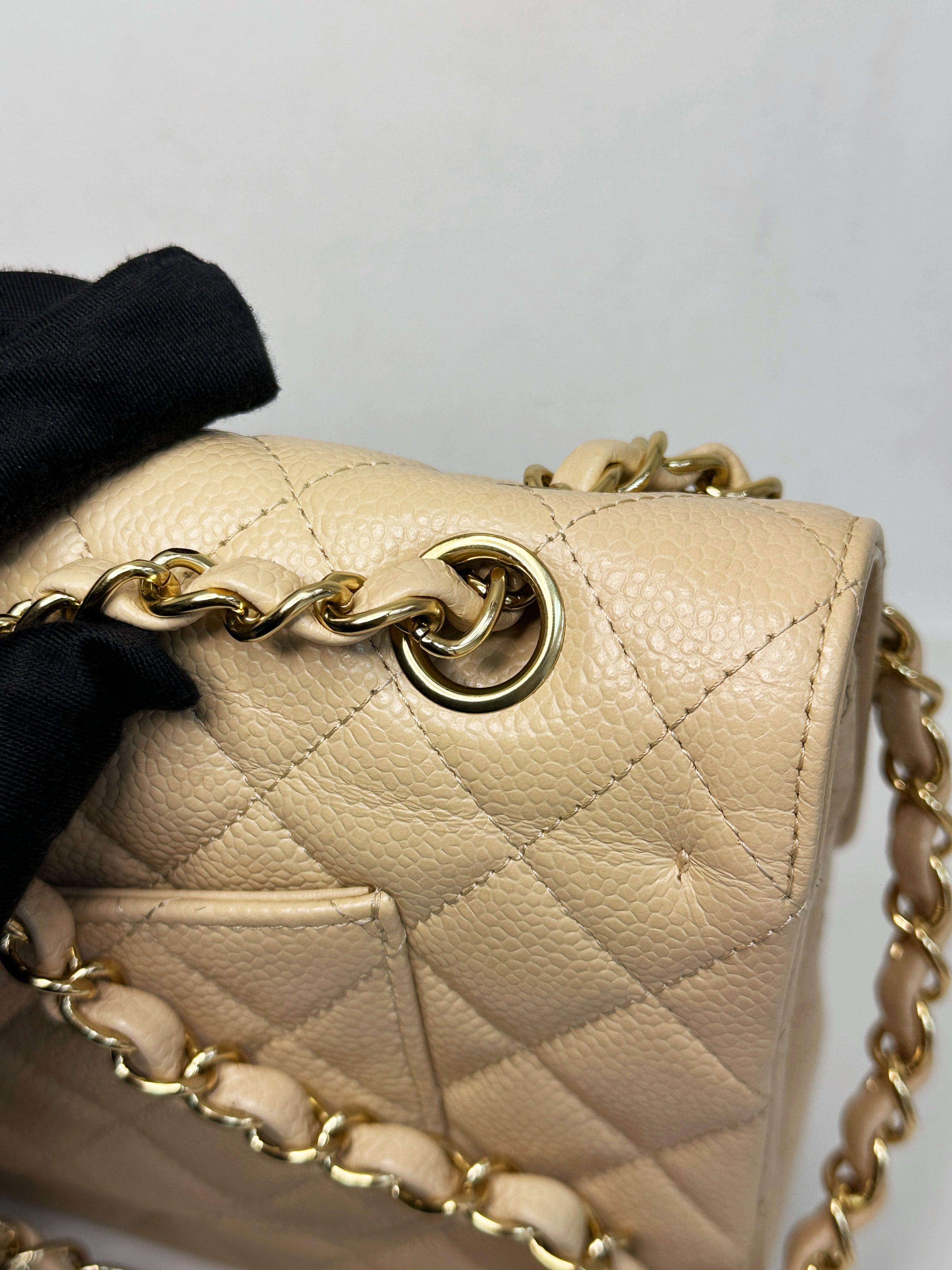 Chanel Medium Beige Classic Caviar Double Flap Bag GHW 2163 holo