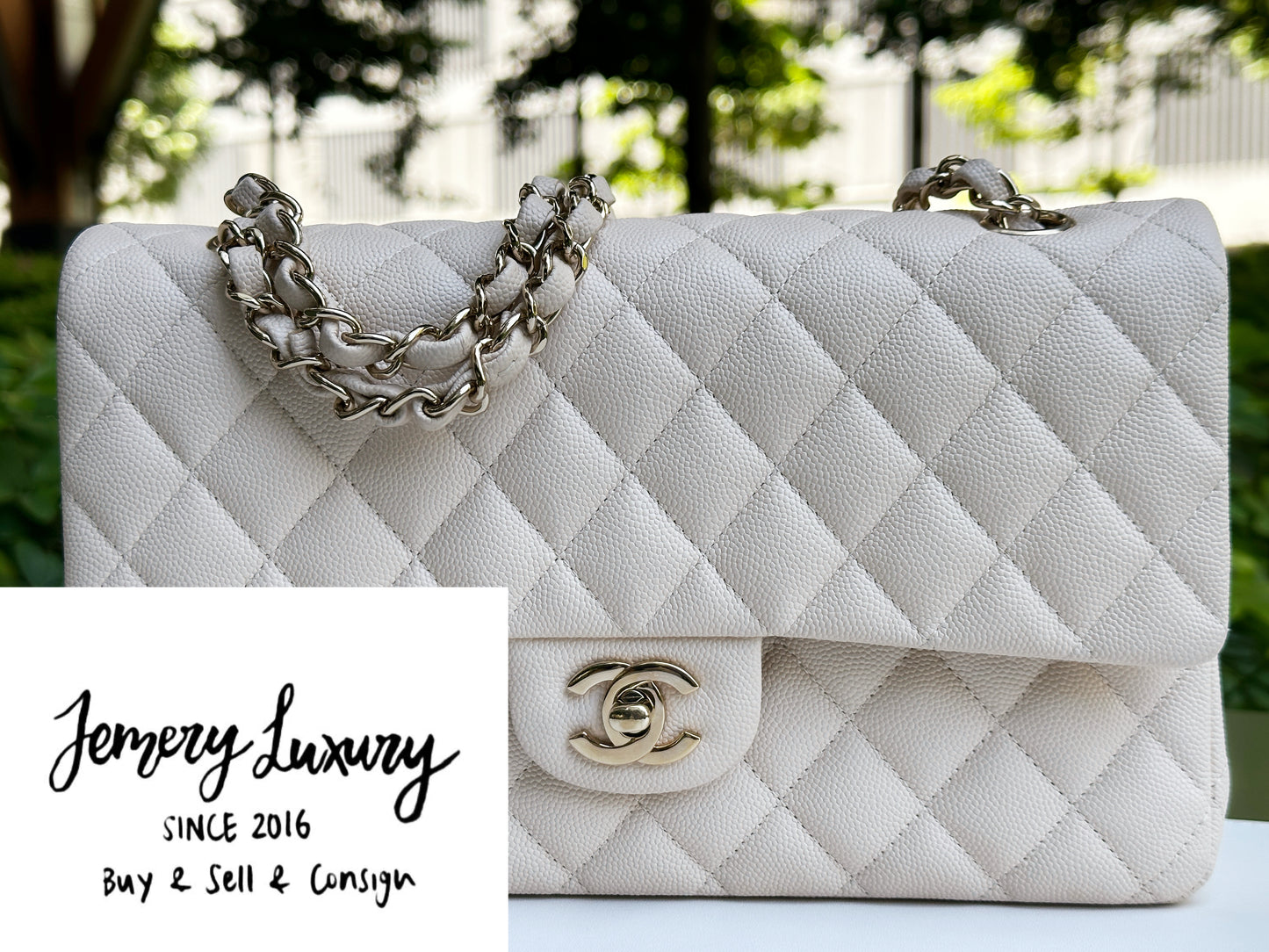 Chanel Medium Caviar Classic Quilted Double Flap Ivory Light Beige Bag LGHW