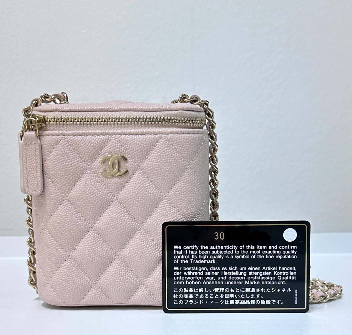 CHANEL Caviar Quilted Small Vertical Coco Beauty Vanity Case With Chain Light Pink